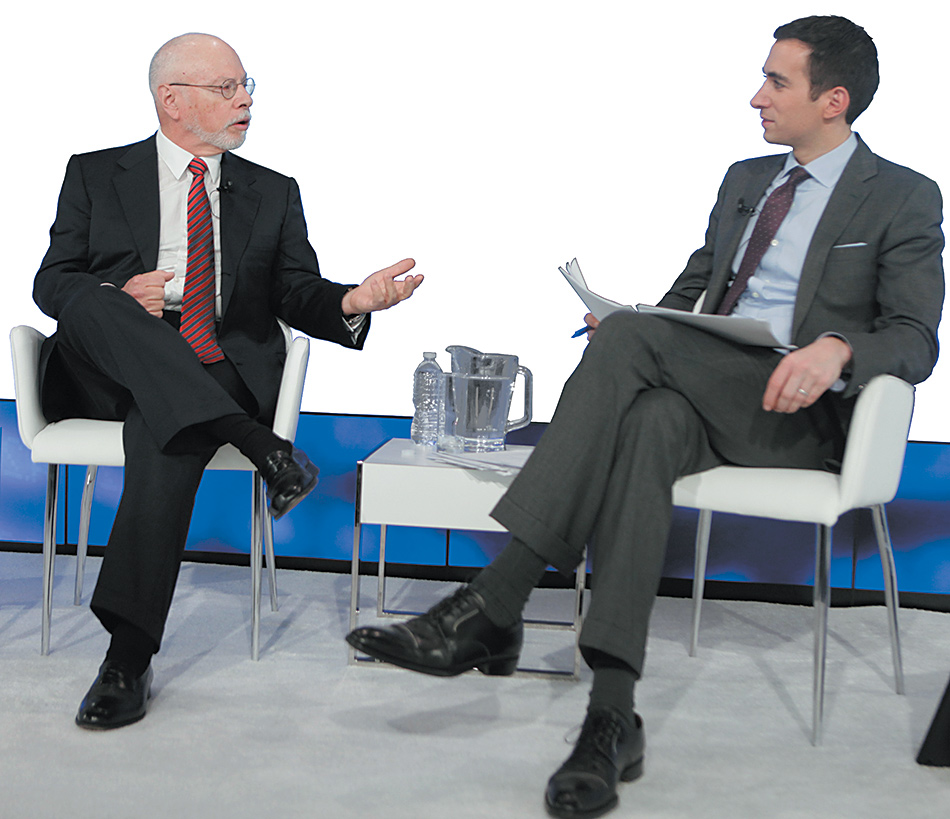 Billionaire hedge fund manager Paul Singer, who has contributed millions of dollars to Republican causes and recently endorsed Marco Rubio for president, with DealBook founder Andrew Ross Sorkin at a conference in New York City, December 2014