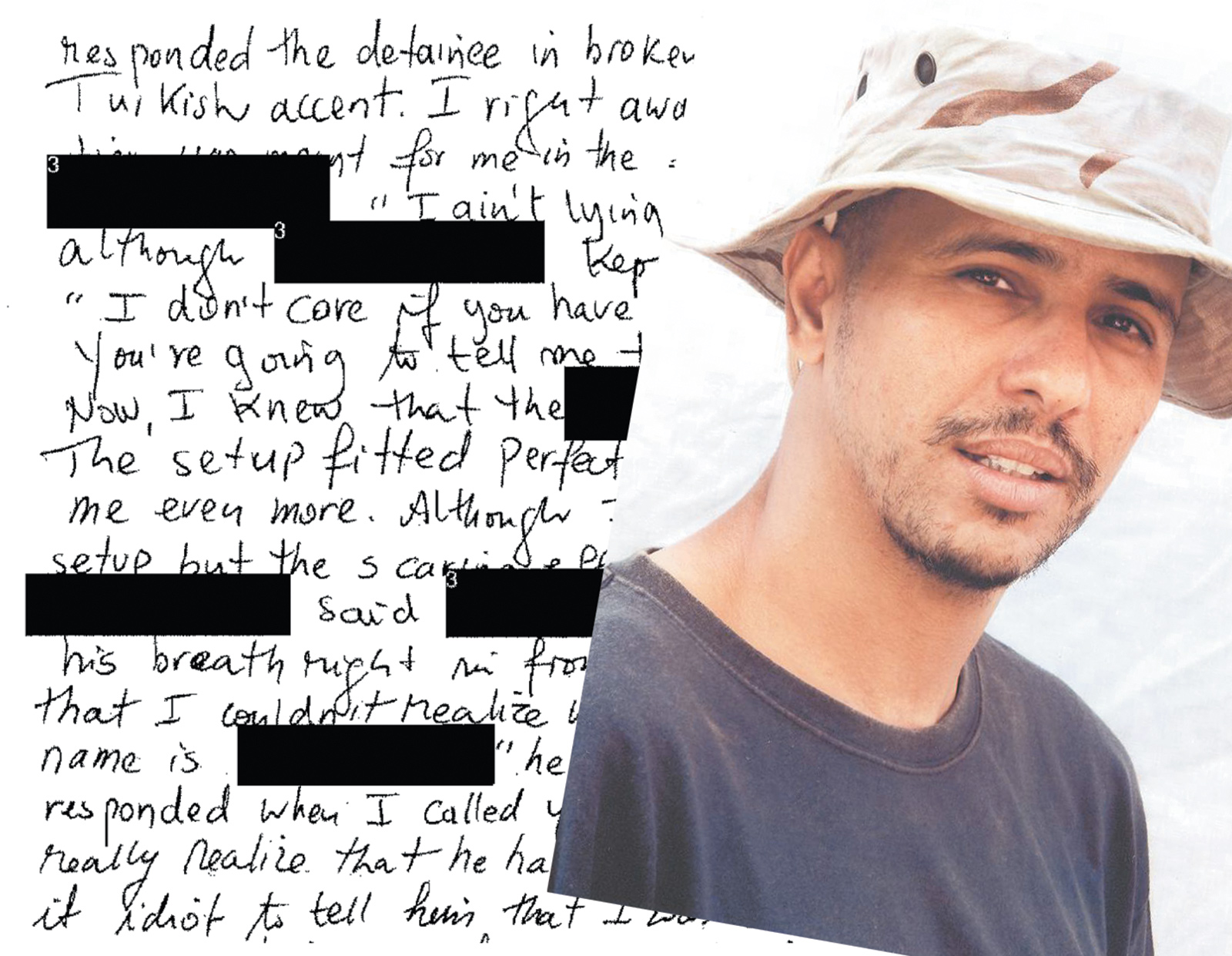 Mohamedou Ould Slahi, who has been imprisoned in Guantánamo without charges since 2002, with a page from his memoir, Guantánamo Diary