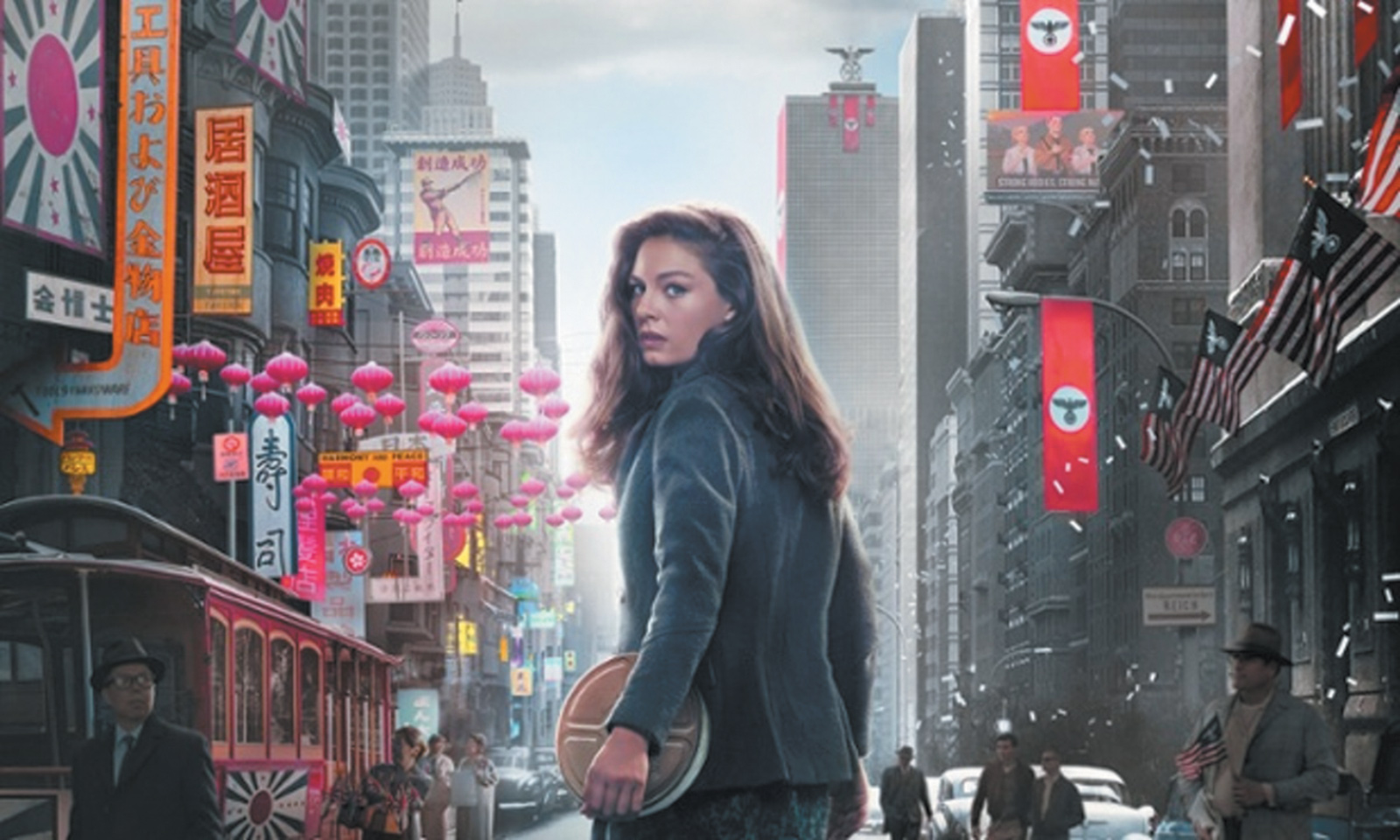 Alexa Davalos as Juliana Crain in a promotional image for The Man in the High Castle; the left side shows Japanese-occupied San Francisco, the right side Nazi-occupied New York