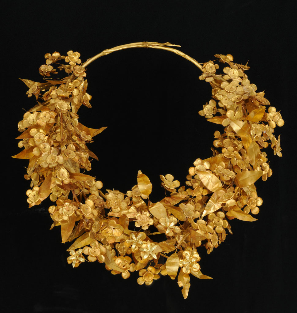 Queen Meda’s gold myrtle wreath crown, Aigai, antechamber of the Tomb of Philip II, 336 BCE 