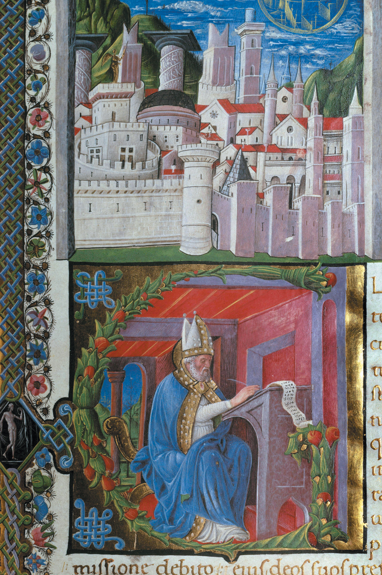 ‘Saint Augustine writing’; illumination from Augustine’s City of God, 1459