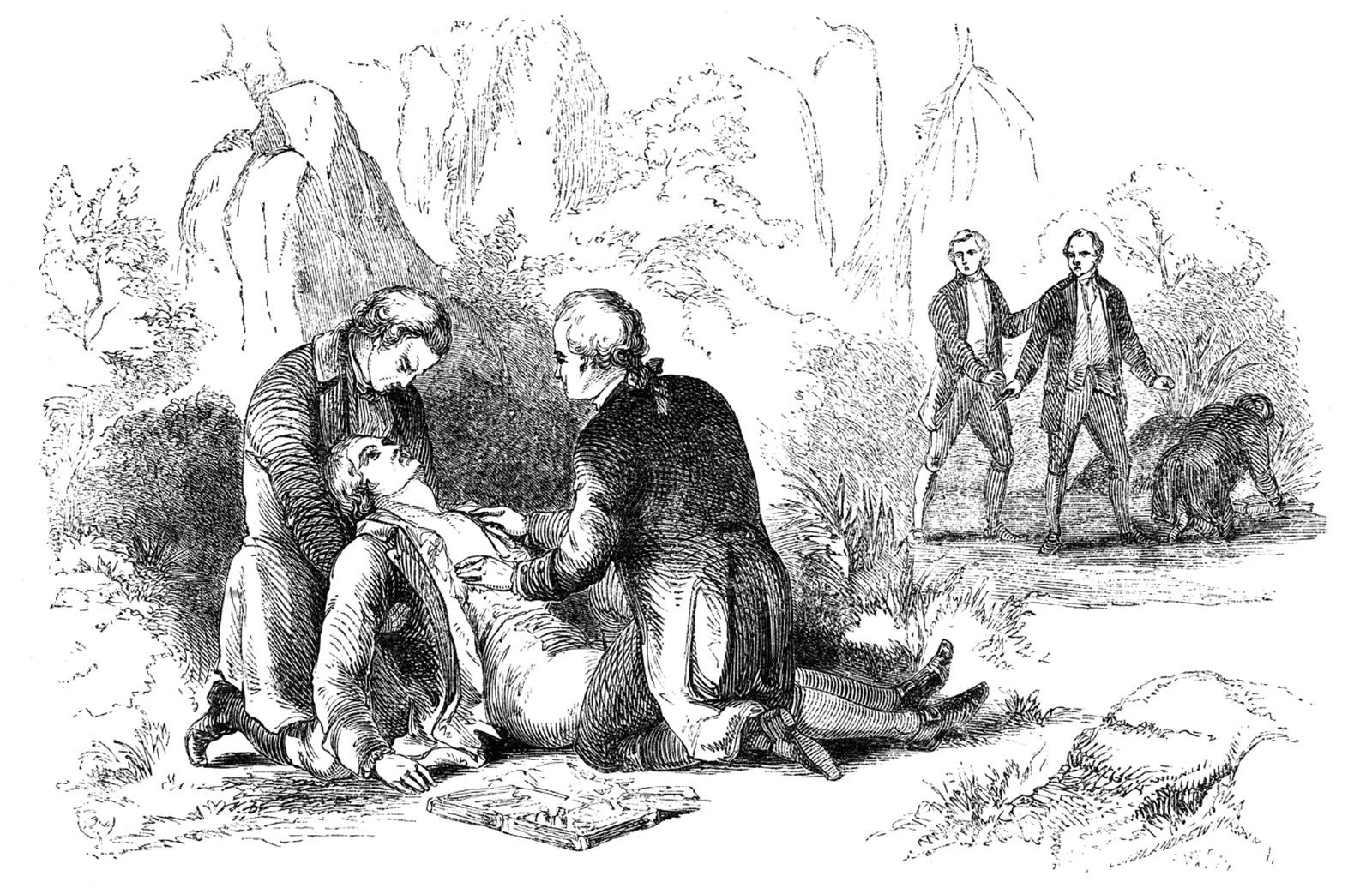 ‘The death of Alexander Hamilton after his duel with Aaron Burr’; nineteenth-century engraving
