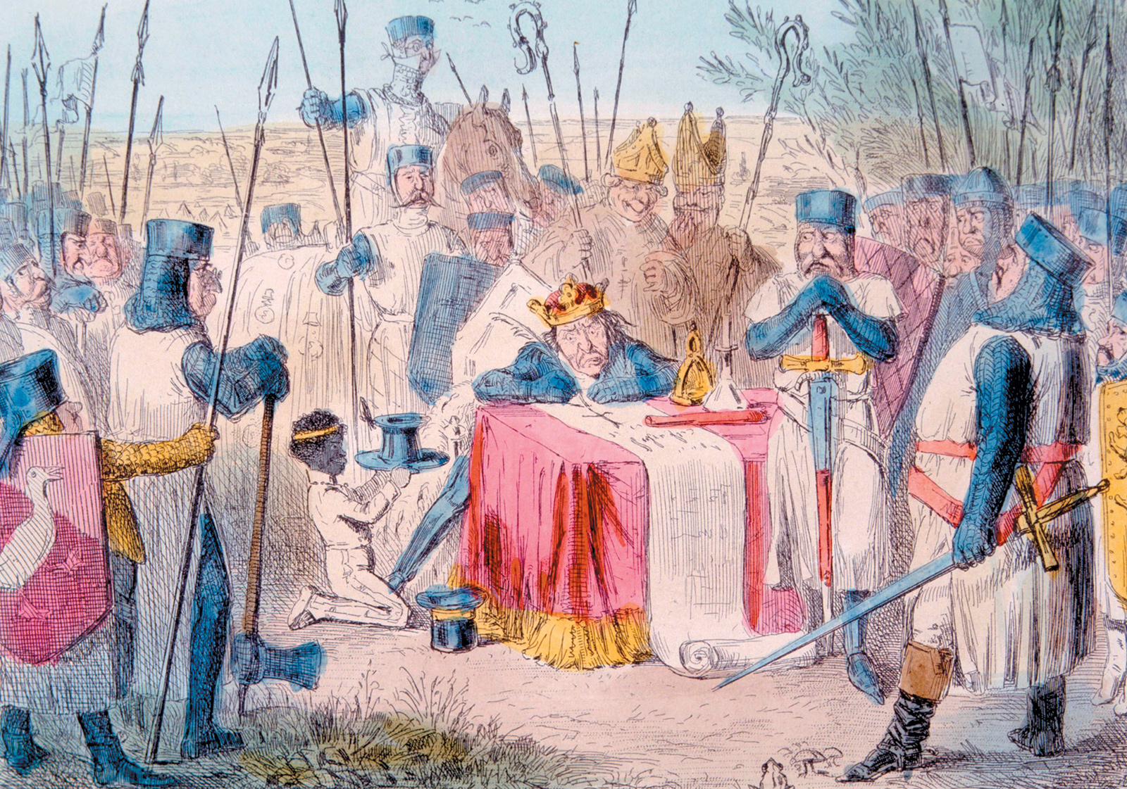 King John of England approving the Magna Carta in 1215; illustration by John Leech, 1875