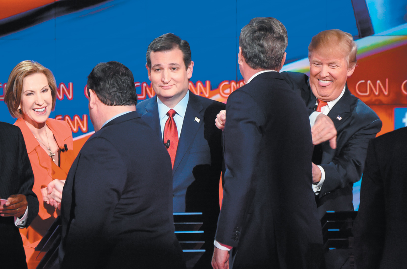 Carly Fiorina, Chris Christie, Ted Cruz, Jeb Bush, and Donald Trump at the Republican presidential debate in Las Vegas, December 2015