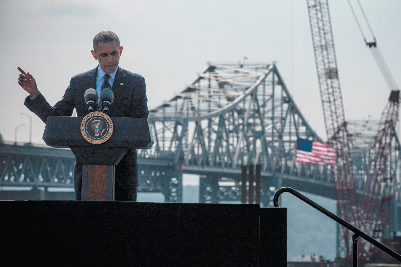 President Obama delivering remarks on infrastructure in the United States near the Tappan Zee Bridge and the construction of its replacement, Tarrytown, New York, May 2014