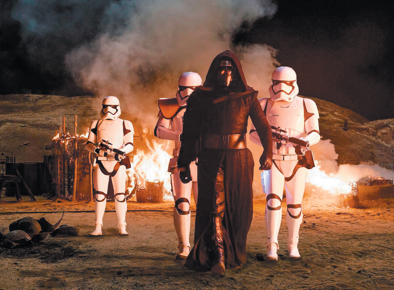Kylo Ren (Adam Driver) with First Order stormtroopers in Star Wars: The Force Awakens