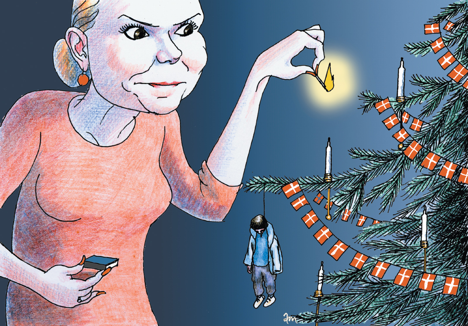 A cartoon published by the Danish newspaper Politiken showing Inger Støjberg, the country’s integration minister, lighting candles on a Christmas tree that has a dead asylum-­seeker as an ornament, December 2015