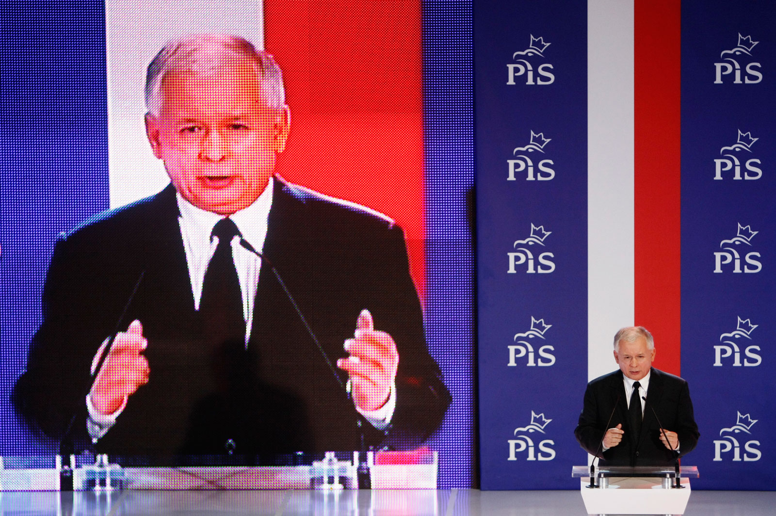 Jarosław Kaczyński, leader of Poland's main opposition Law and Justice Party (PiS) speaks during the final pre-election convention in Warsaw, October 7, 2011