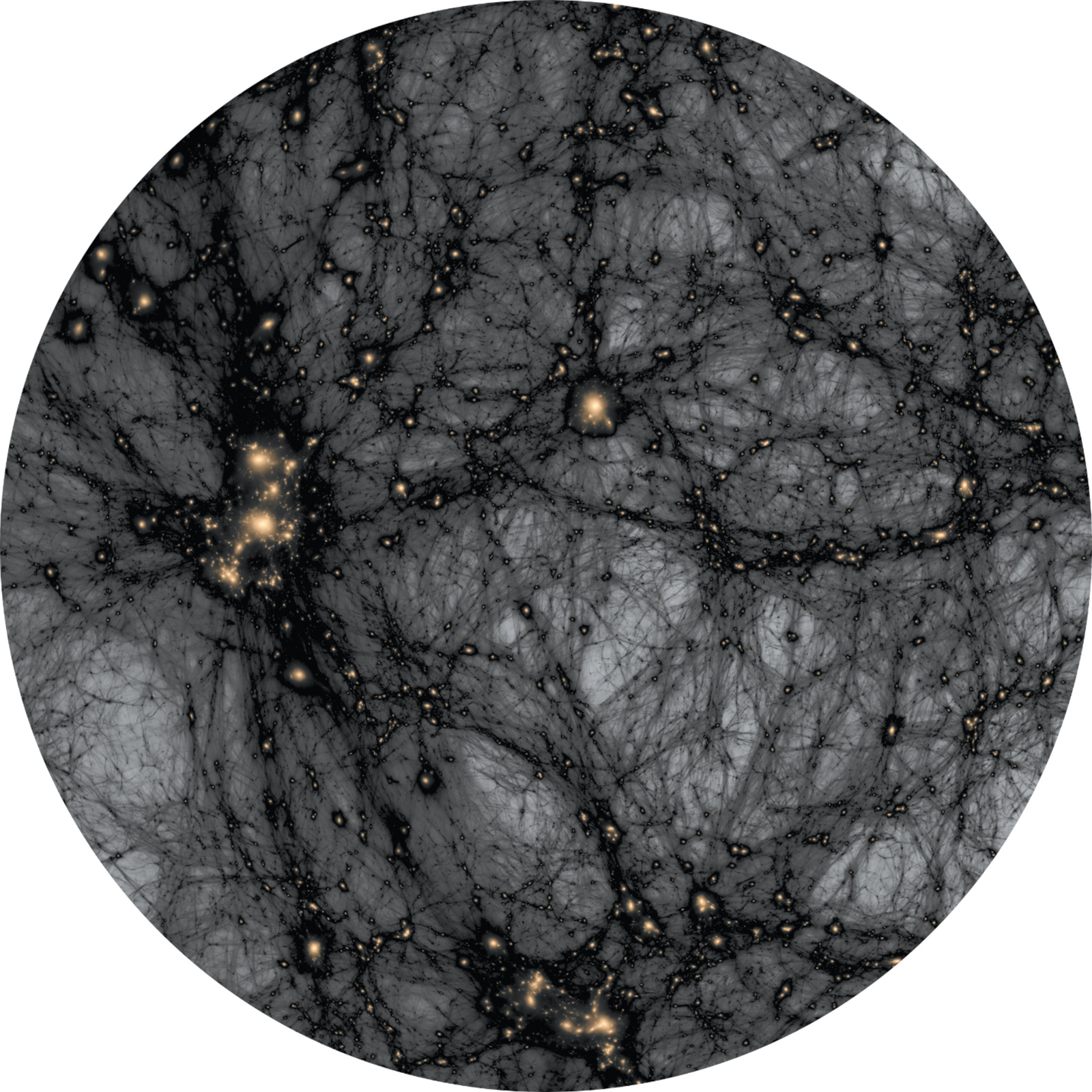 A detail of an image from the American Museum of Natural History’s space show Dark Universe (2013), directed by Carter Emmart and narrated by Neil deGrasse Tyson, showing the ­distribution of so far unseen dark matter in the universe. It is simulated here with the use of a high-­resolution algorithm at the Kavli Institute of Particle Astrophysics and Cosmology at Stanford University and the Stanford National Accelerator Laboratory.