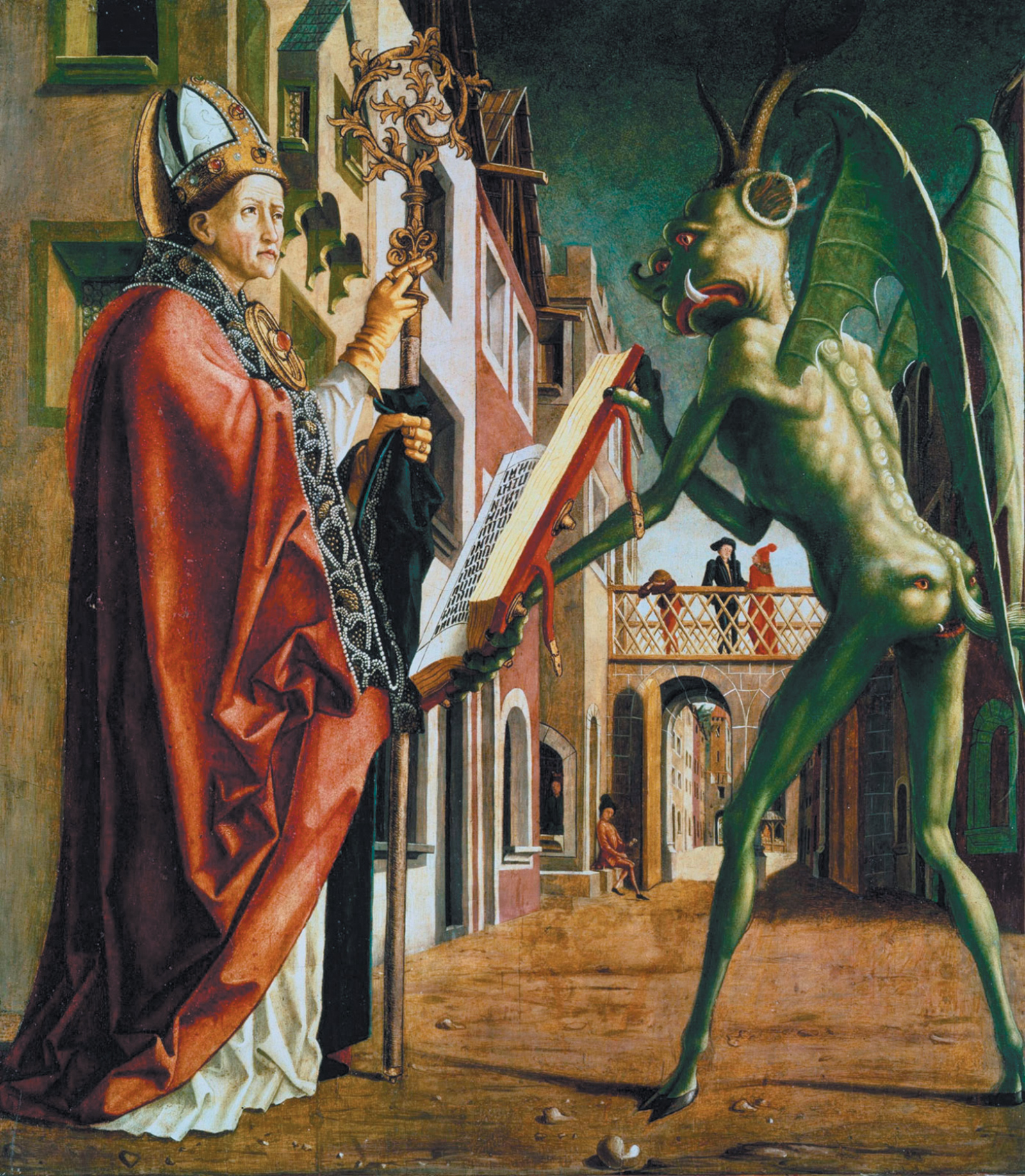 ‘The Devil Presenting Saint Augustine with the Book of Vices’; painting by Michael Pacher, fifteenth century