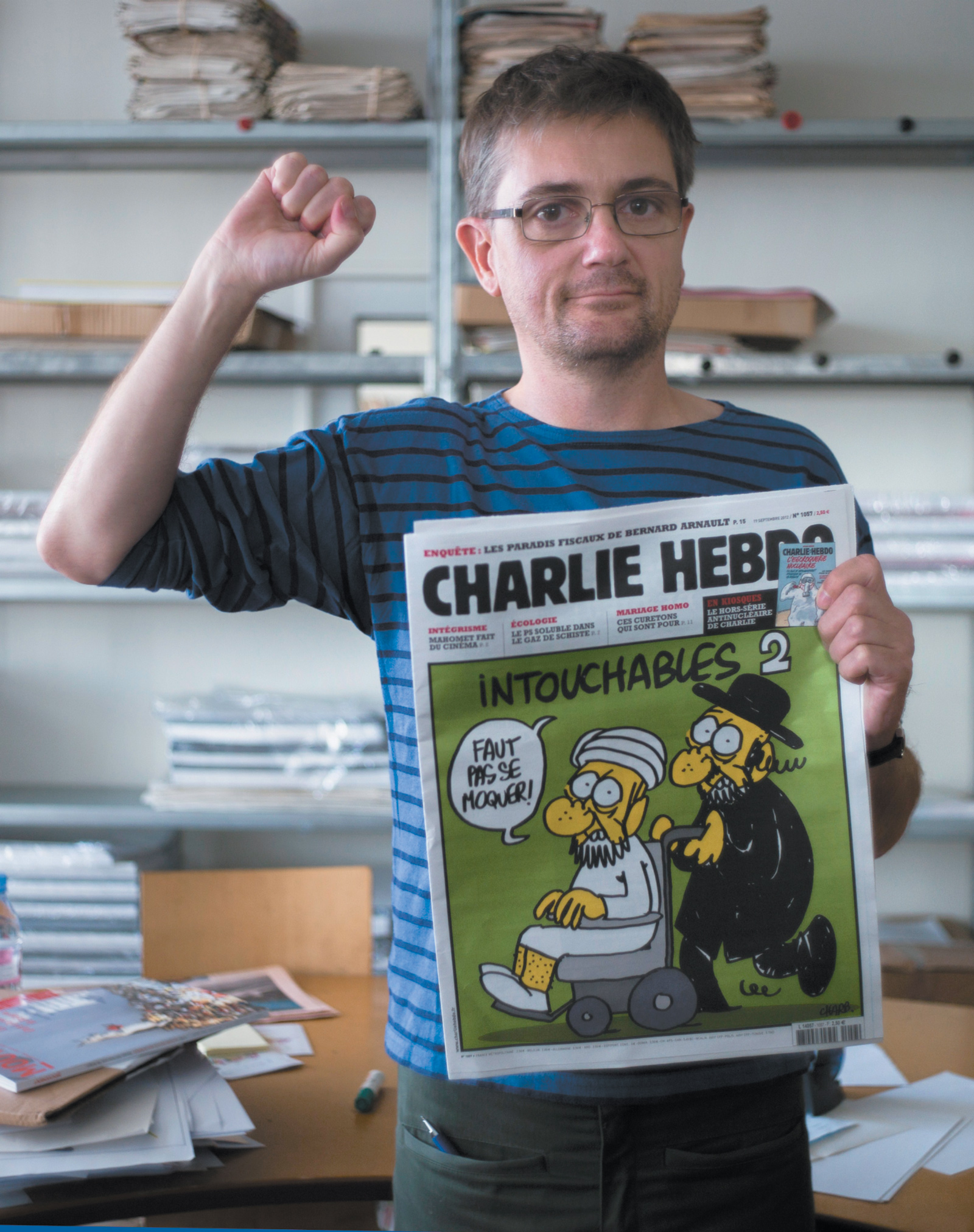 Stéphane Charbonnier, known as Charb, the editor in chief of Charlie Hebdo from 2005 until his death in 2015, at the magazine’s office in Paris, September 2012