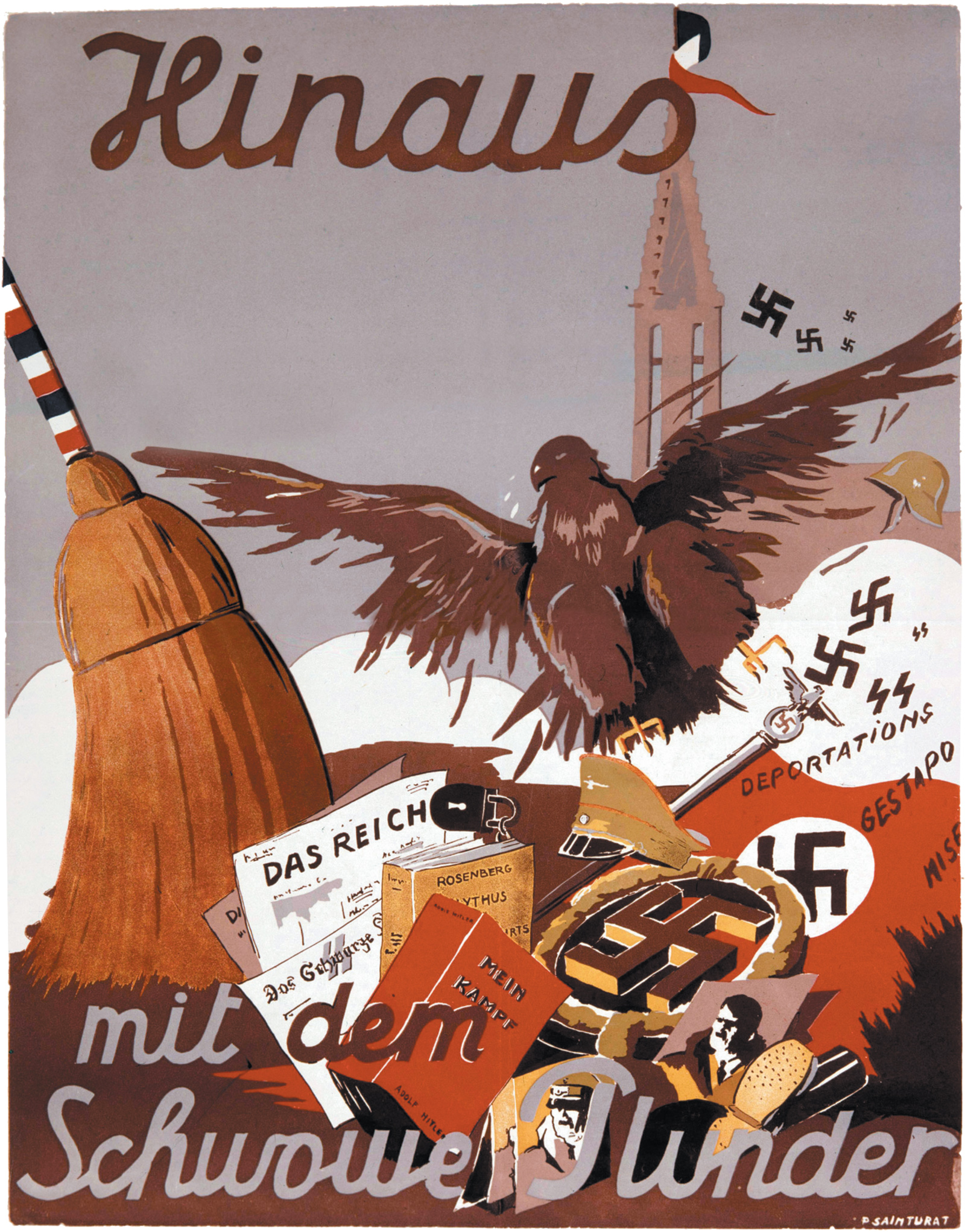 An anti-German poster by P. Sainturat saying ‘Out with this Swabian Junk’ and showing a French broom, with a tricolored handle, sweeping away Nazism after the liberation of France, 1945