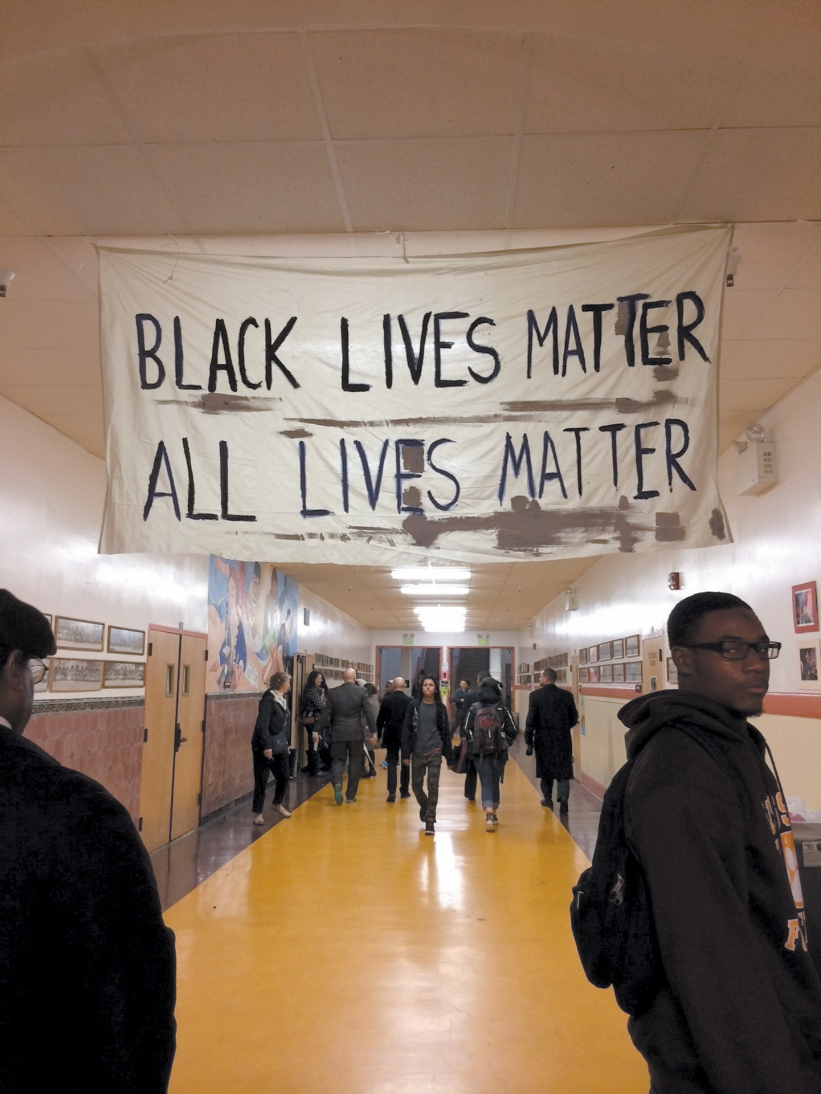 Students at Mission High School in San Francisco on the day of a forum for students citywide to discuss racial inequality and police brutality, December 2014. Organized by Mission High’s black student union and the NAACP, the panel included Michael Brown Sr., whose son was shot and killed by a police officer in Ferguson, Missouri, that summer.