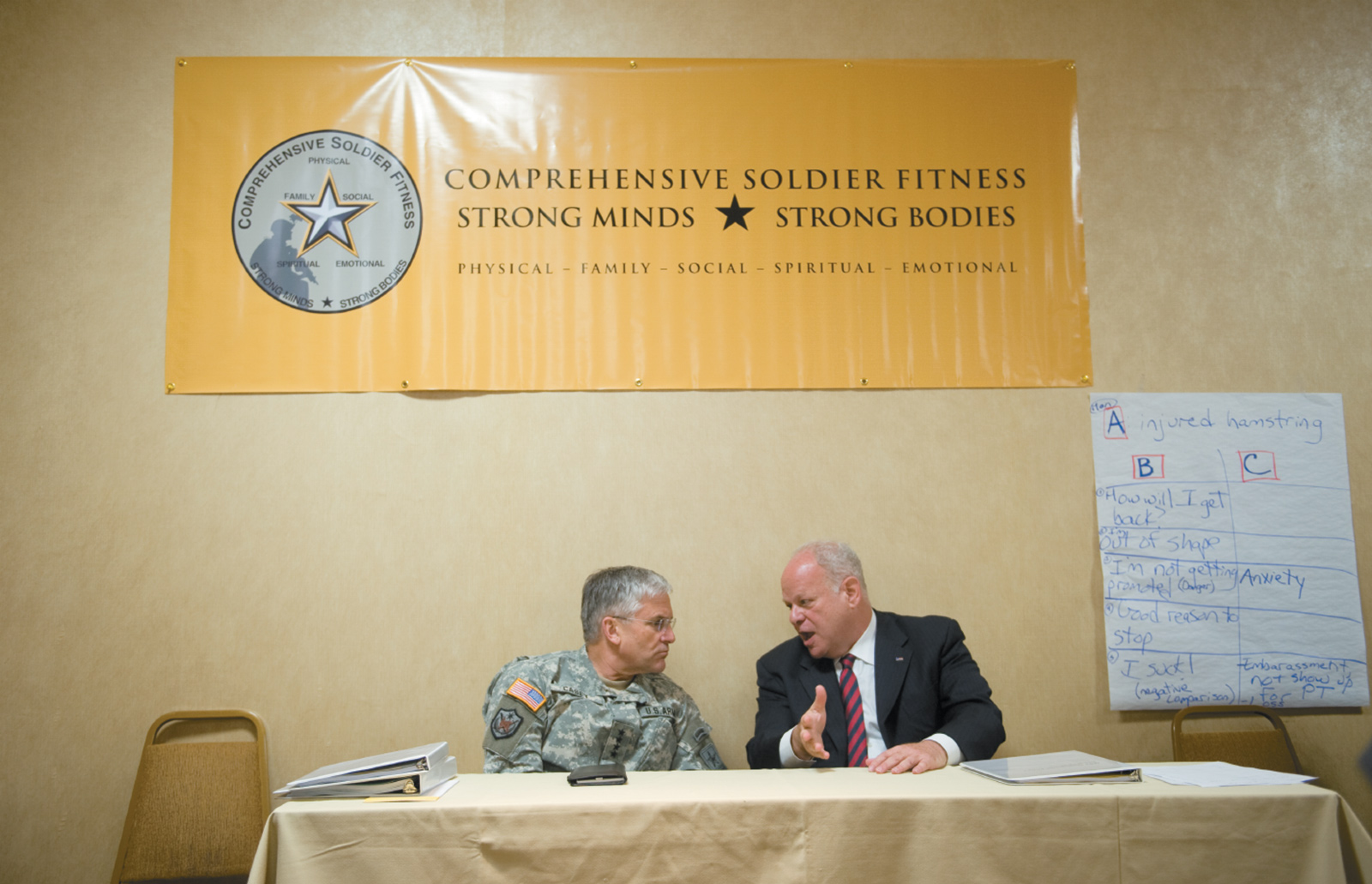 Army Chief of Staff General George W. Casey with Martin Seligman, the founder of the Positive Psychology movement and developer of the theory of ‘learned helplessness,’ at the Comprehensive Soldier Fitness program at the University of Pennsylvania, Philadelphia, May 2009
