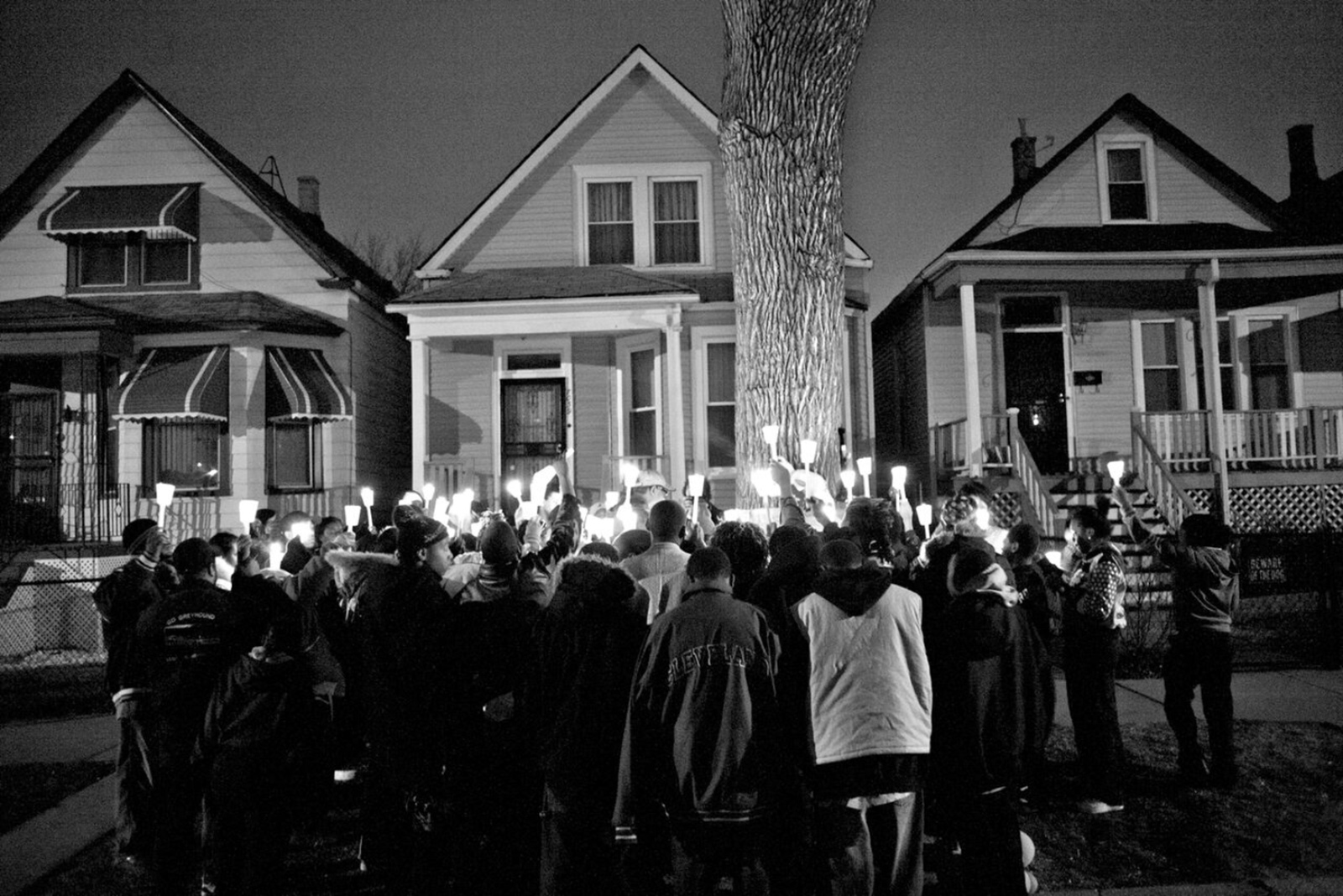 A vigil for Albert Vaughn, a high school student who was beaten to death after a birthday party in Chicago’s Englewood ­neighborhood, 2008; photograph by Carlos Javier Ortiz from his book We All We Got, published last year by Red Hook Editions