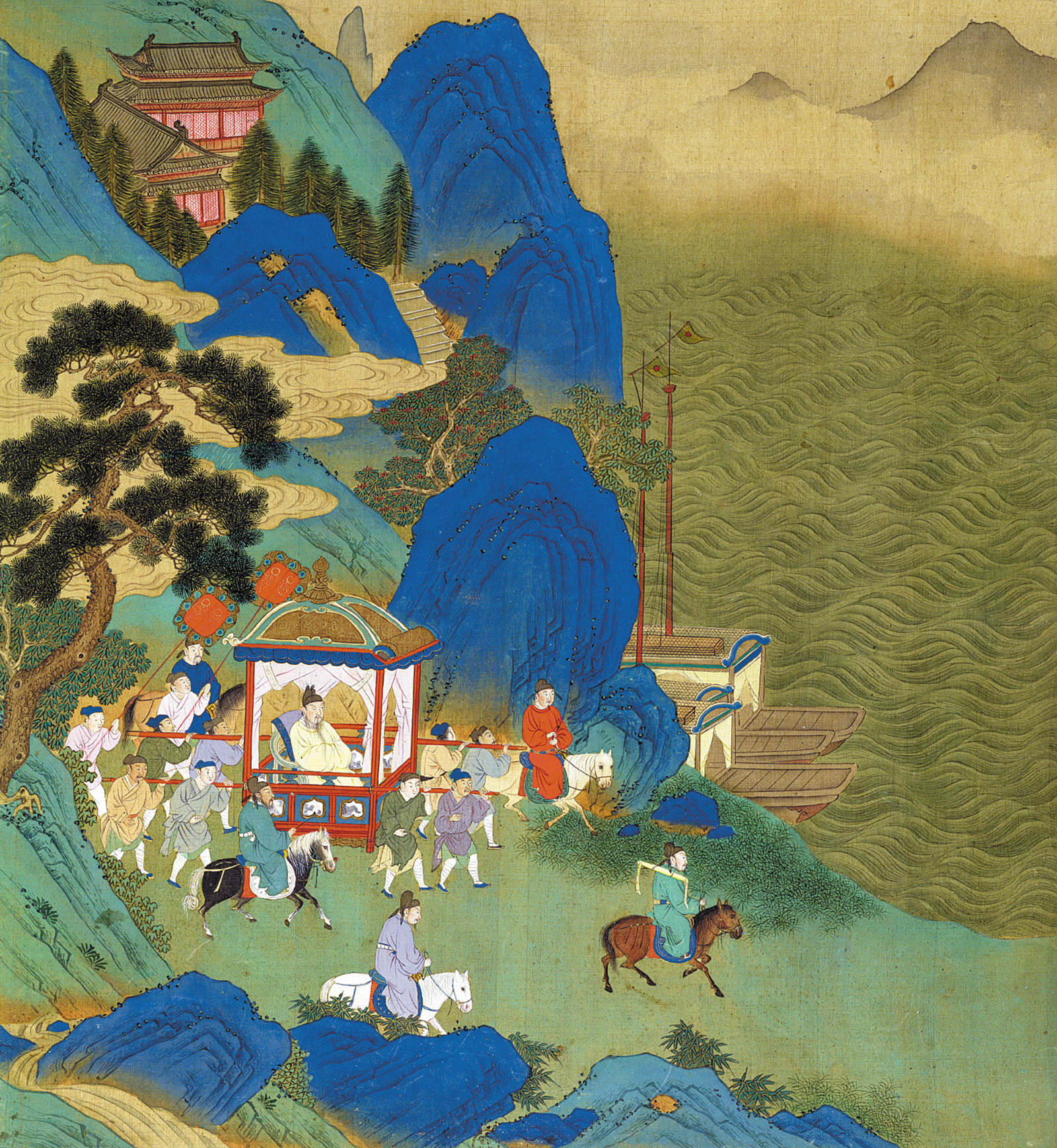 ‘Emperor Qin Shi Huang traveling in a palanquin,’ late third century BCE; eighteenth-century painting from The History of the Lives of the Chinese Emperors