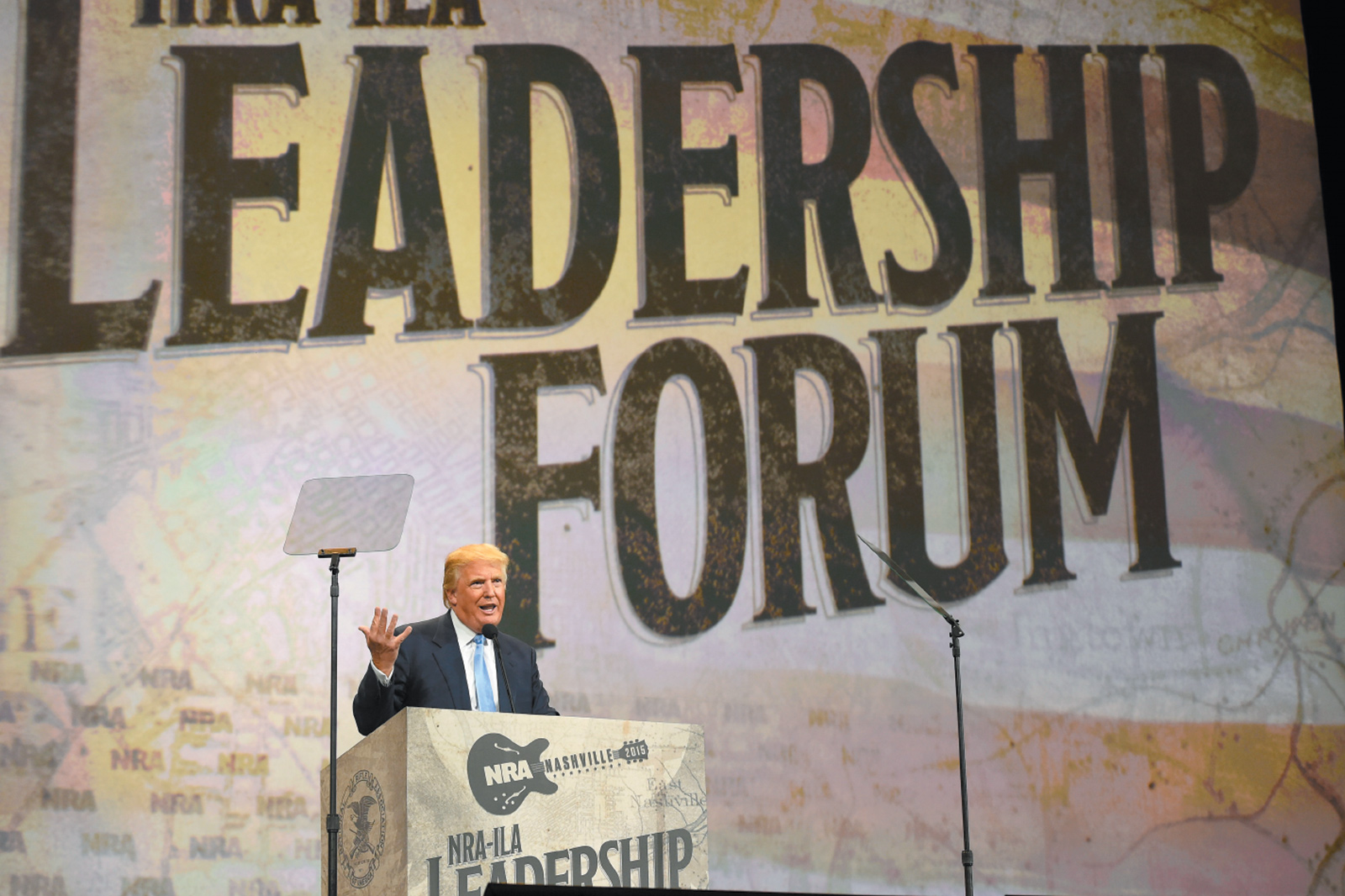 Donald Trump speaking at the National Rifle Association’s annual meeting, Nashville, April 2015