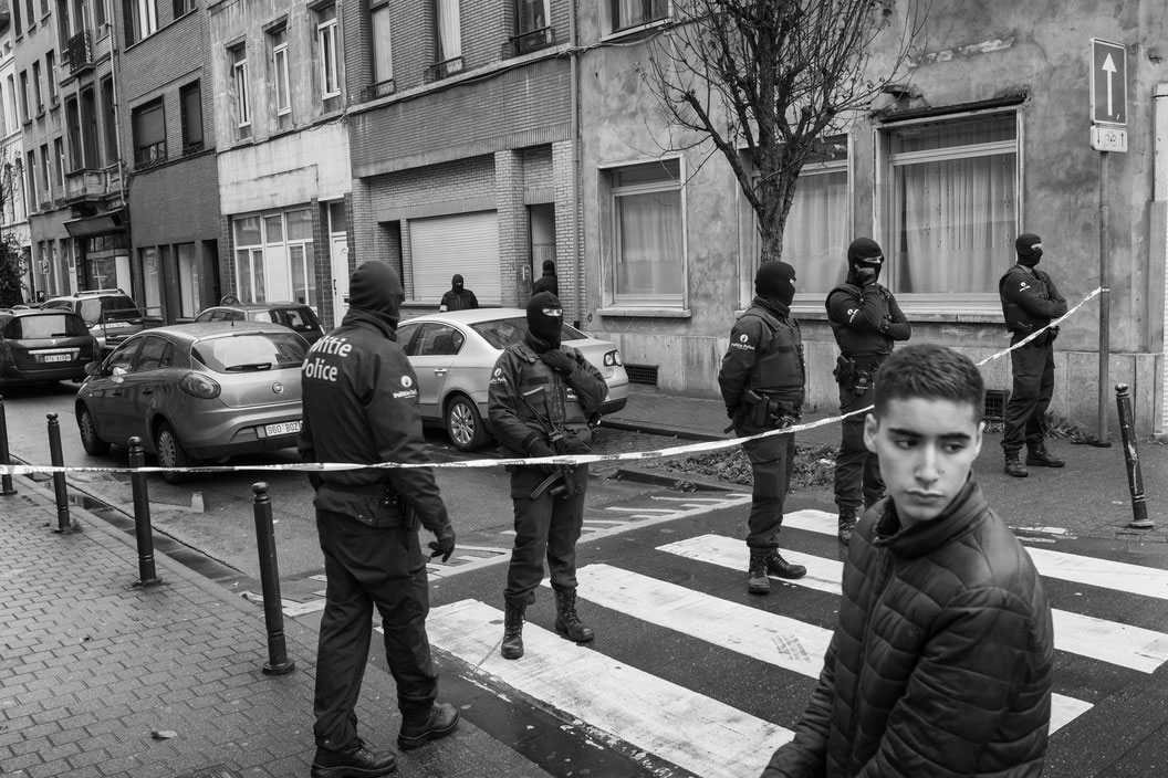 Following the November 2015 attacks in Paris, the predominantly Muslim neighborhood of Molenbeek Saint Jean was heavily policed, Brussels, Belgium, November 16, 2015 
