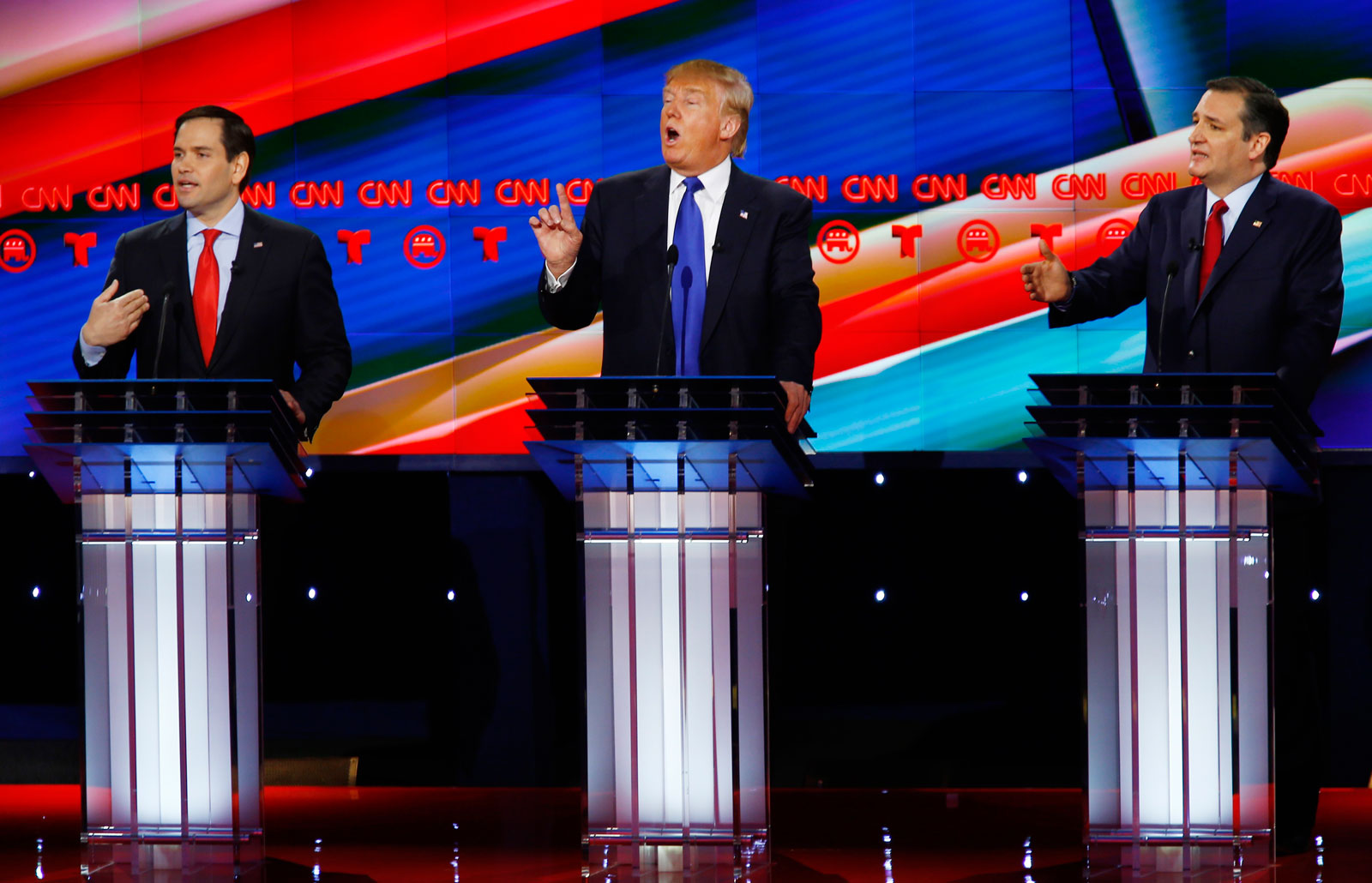 Senator Marco Rubio, Donald Trump and Senator Ted Cruz speak at the CNN-sponsored debate for the 2016 Republican US presidential candidates, Houston, Texas, February 25, 2016