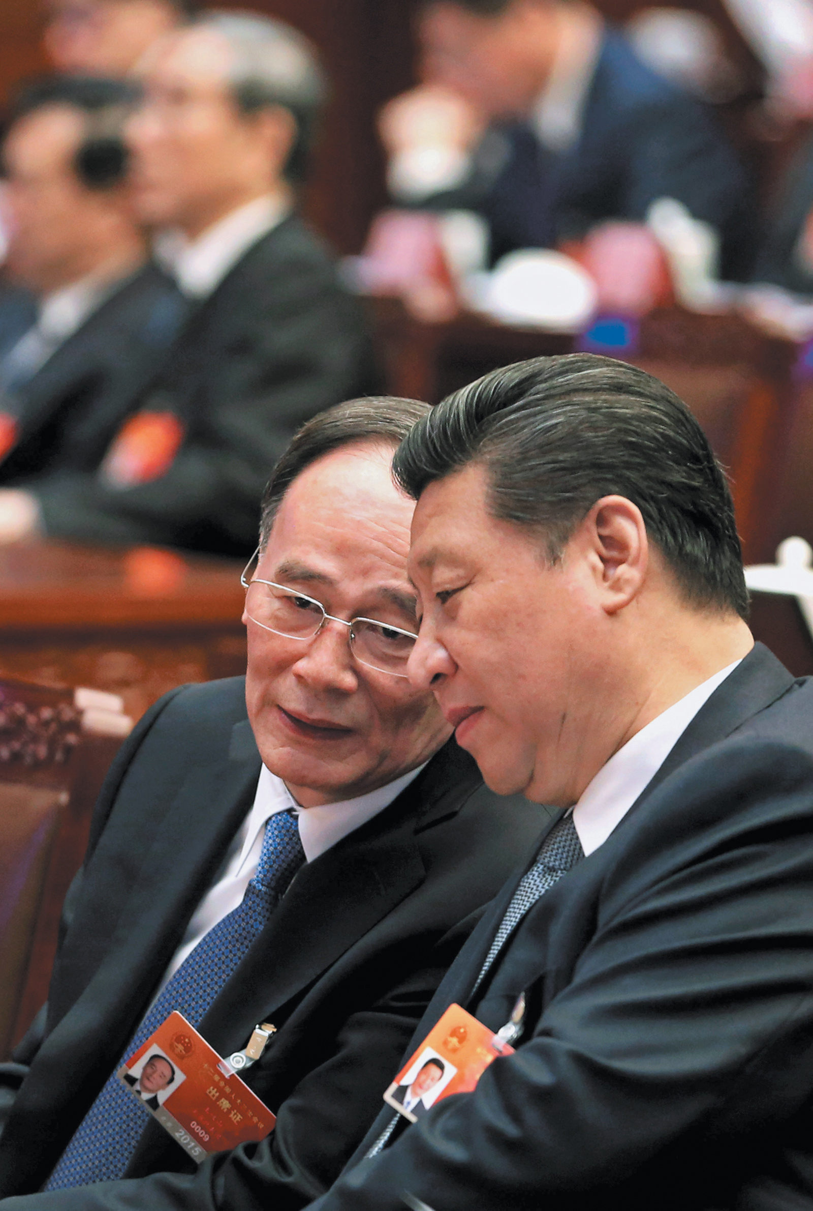 Chinese Communist Party General Secretary Xi Jinping, right, with Wang Qishan, who has been a major force in the recent crackdown as secretary of the Central Commission for Discipline Inspection (CCDI), at the National People’s Congress, Beijing, March 2015