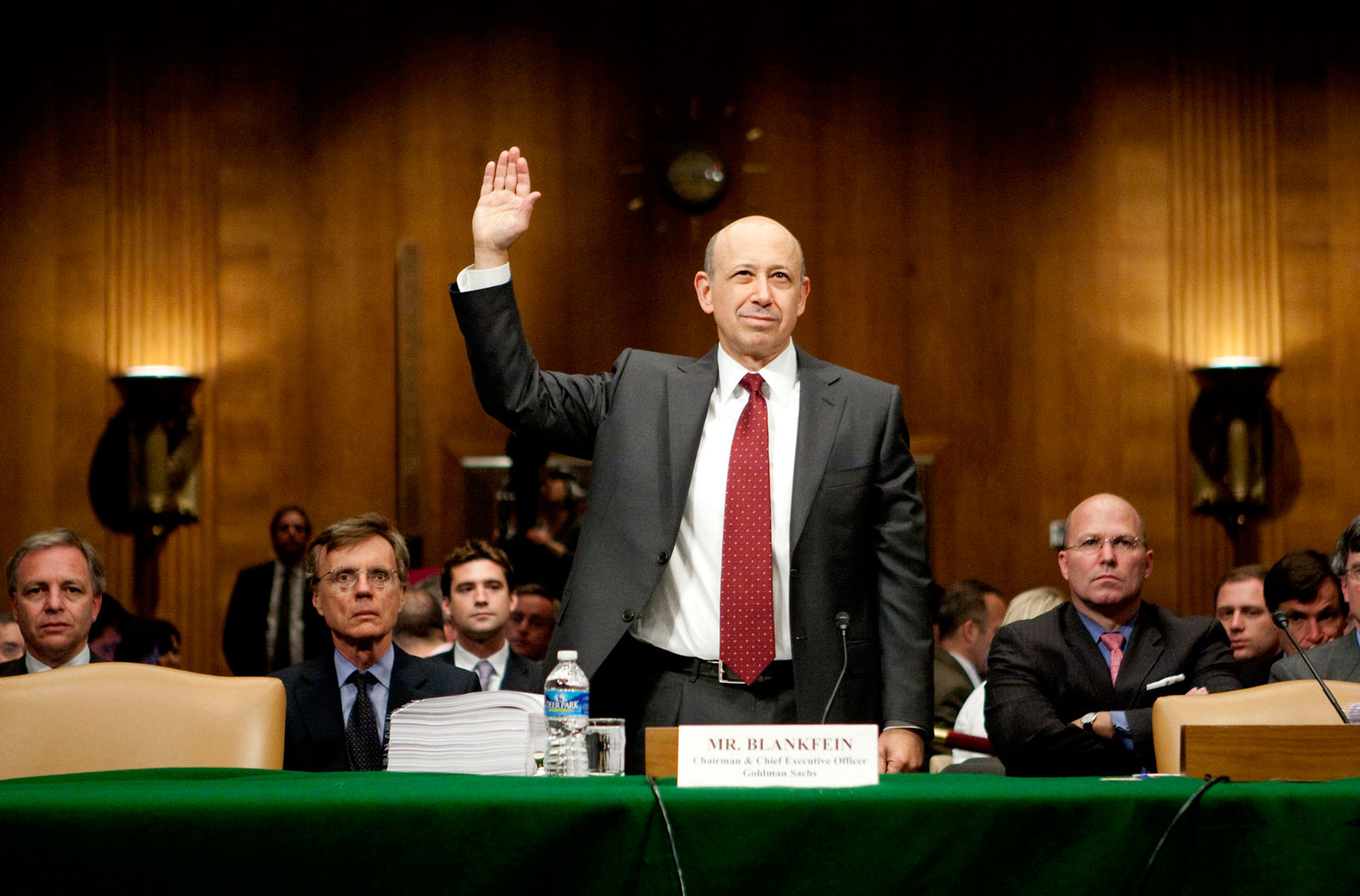 Goldman Sachs CEO Lloyd Blankfein, being sworn in at a Senate hearing on the financial crisis, Washington, D.C., April 27, 2010