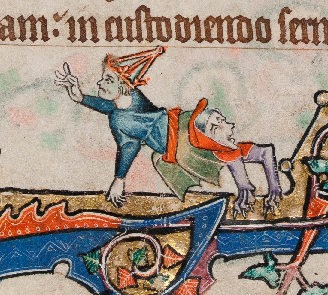 Giving the fig (detail) from The Macclesfield Psalter, circa 1330