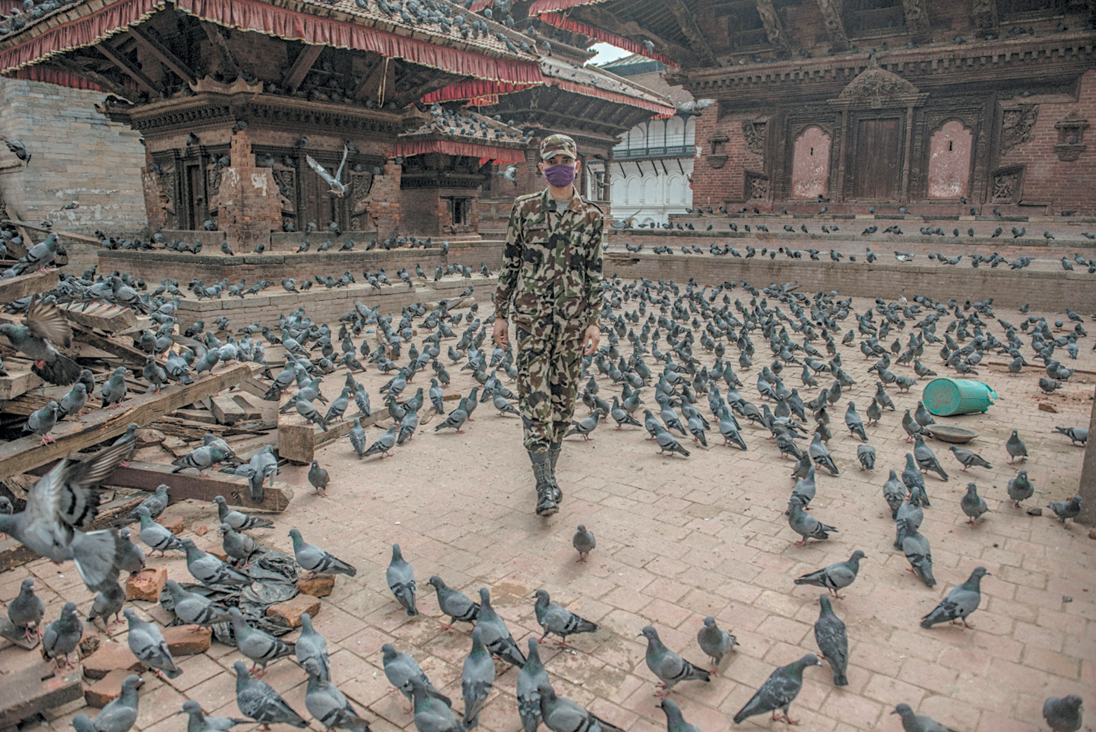 A Nepali soldier at the Kal Bhairav Temple, Durbar Square, Kathmandu, after the earthquake