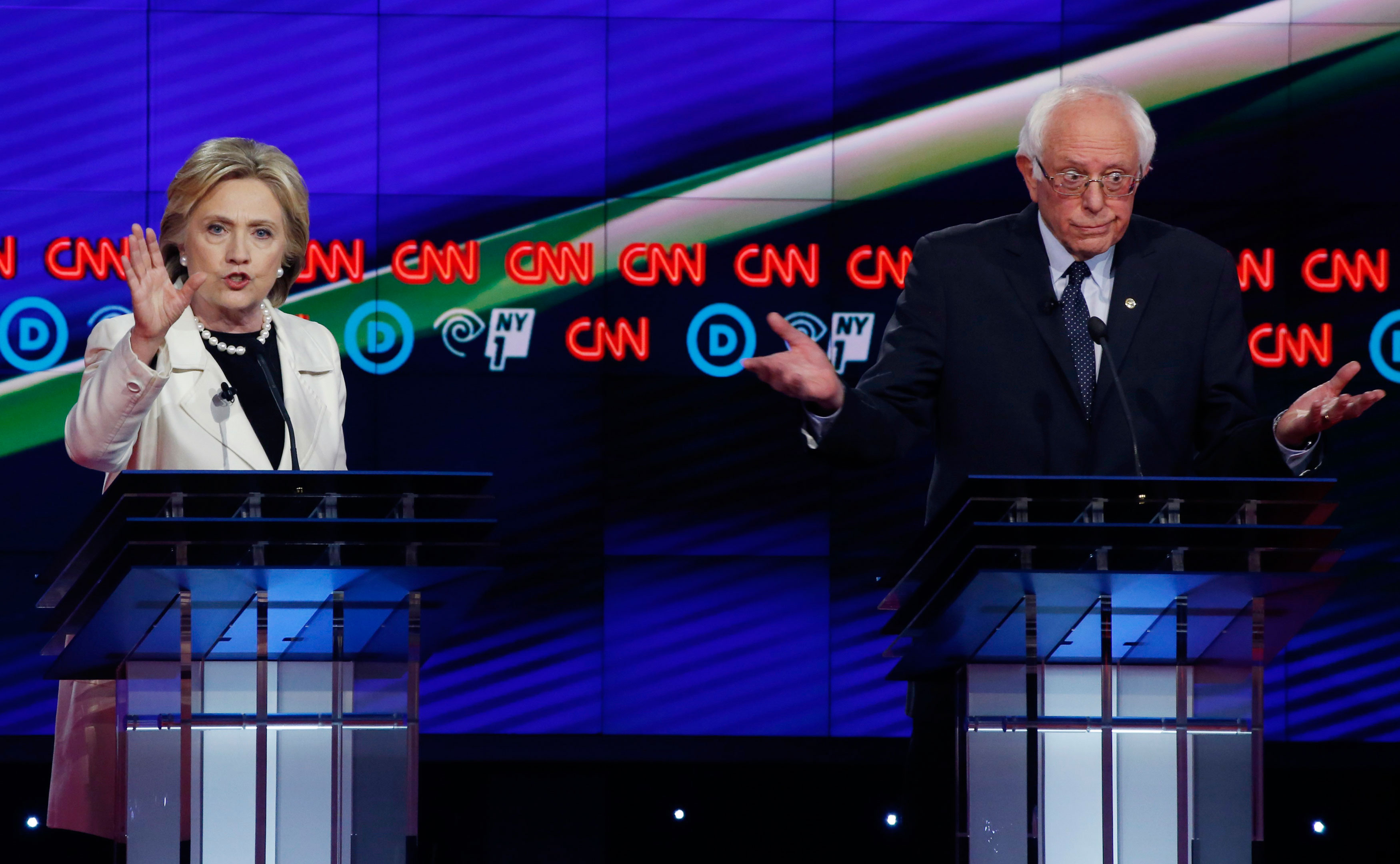 Hillary Clinton and Senator Bernie Sanders during a debate at the Brooklyn Navy Yard, New York, April 14, 2016