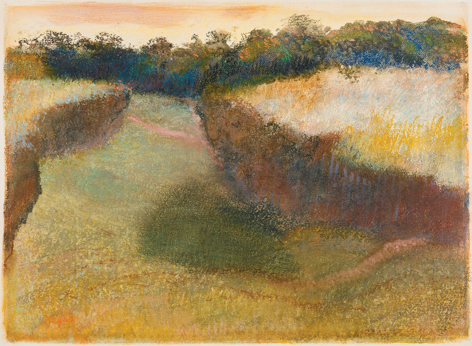 Edgar Degas: Wheatfield and Line of Trees, pastel over monotype in oil on paper, 1890