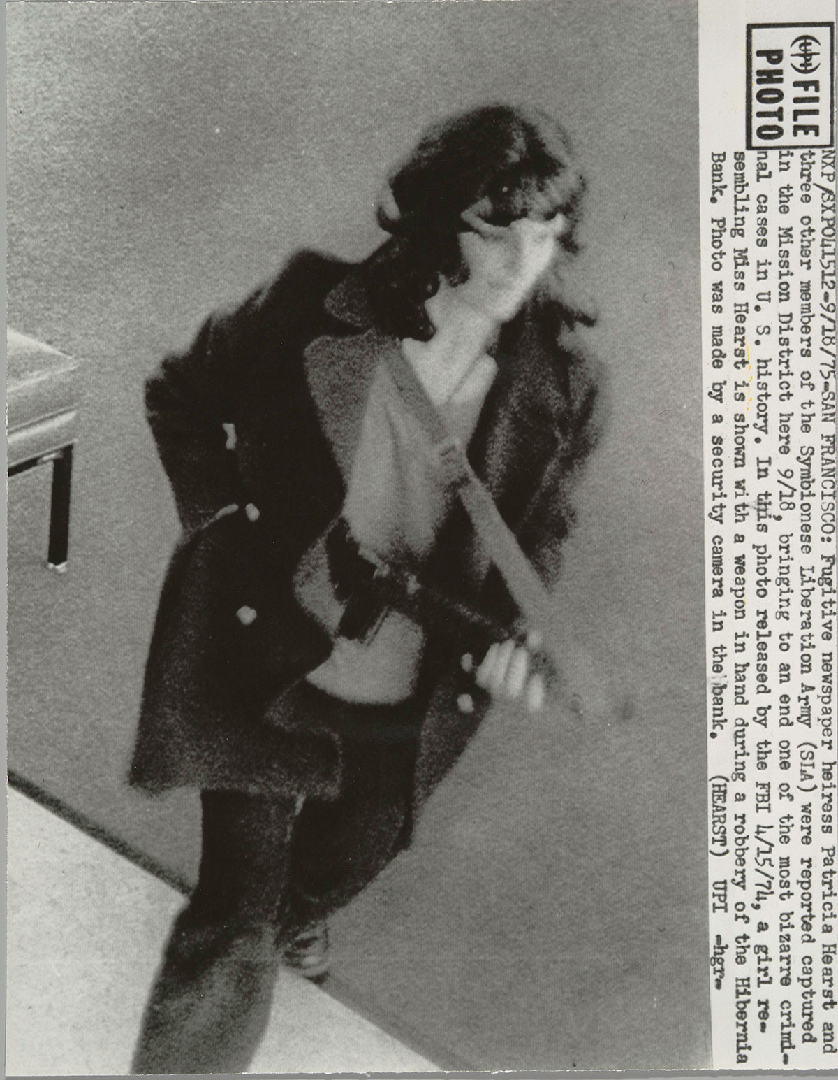 Patricia (Patty) Hearst during the Hibernia Bank robbery, San Francisco, 1974