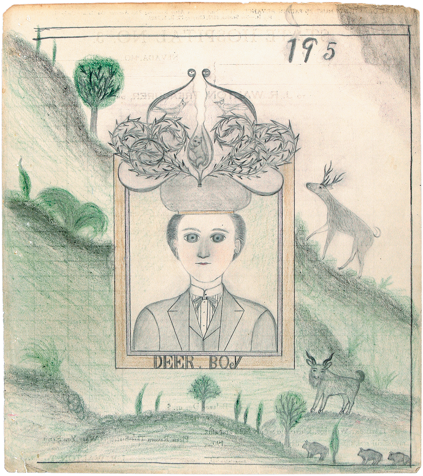 ‘Deer, Boy’; drawing by James Edward Deeds Jr. from an album of nearly three hundred drawings that he made during his thirty-seven years as an inmate at a psychiatric hospital in Nevada, Missouri, starting in 1936. The drawings are collected in The Electric Pencil: Drawings from Inside State Hospital No. 3, with an introduction by Richard Goodman and a foreword by Harris Diamant, just published by Princeton Architectural Press. 