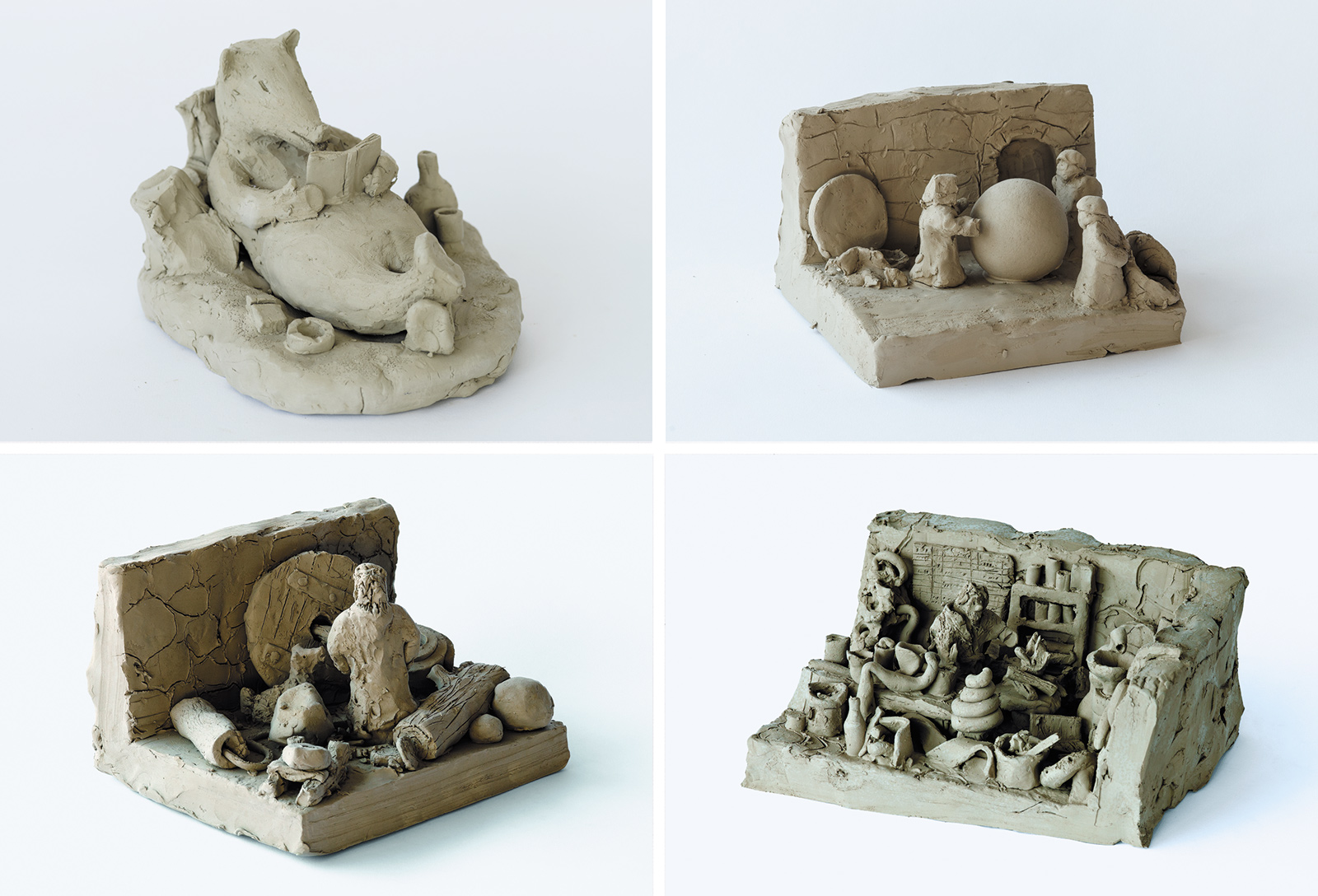Small clay sculptures from Peter Fischli and David Weiss’s series Suddenly This Overview (1981–present), which depict, according to Sanford Schwartz, ‘historical events, moments that might have been, and visualizations of age-old sayings and concepts we believe we ought to know,’ as well as ‘everyday scenes and objects.’ Clockwise from top left: Book and Reader, Galileo Galilei Shows Two Monks That the World Is Round, The Alchemist I, and The Dog of the Inventor of the Wheel Feels the Satisfaction of His Master.