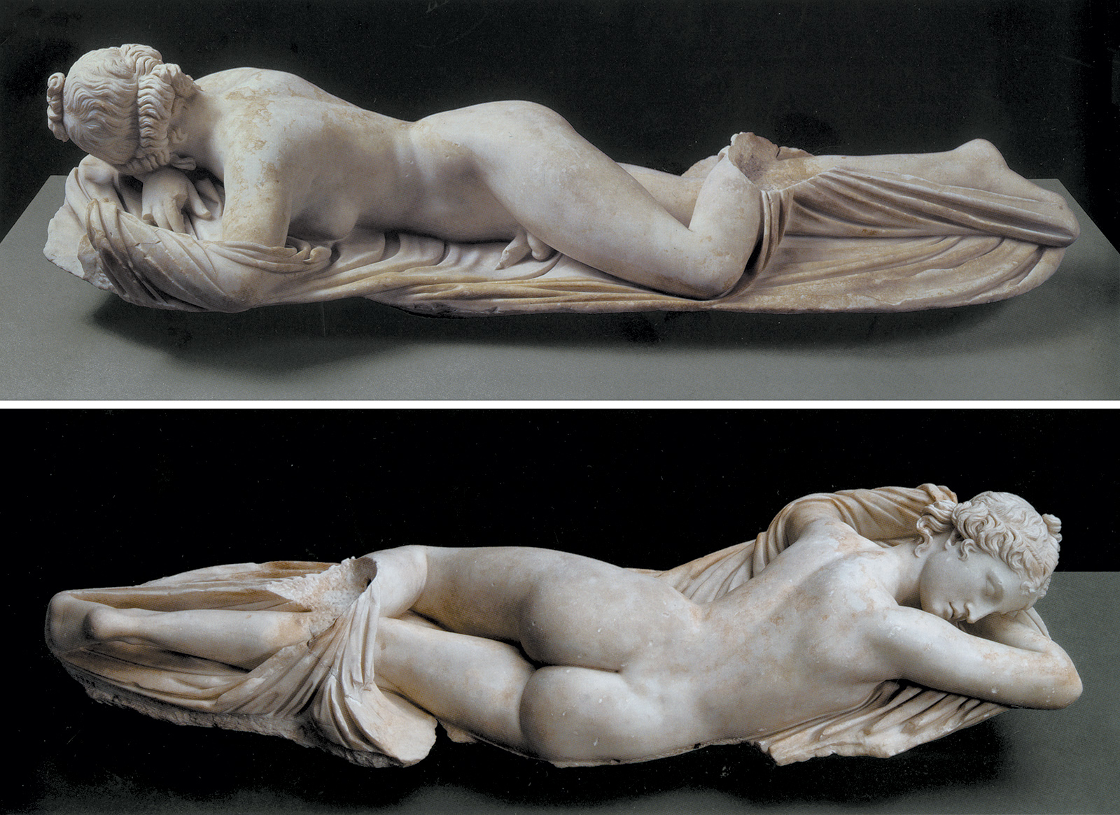Two views of ‘Sleeping Hermaphrodite’; second-century-AD Roman marble copy of a second-century-BC Greek original, on view in the Metropolitan Museum’s exhibition ‘Pergamon and the Hellenistic Kingdoms of the Ancient World’