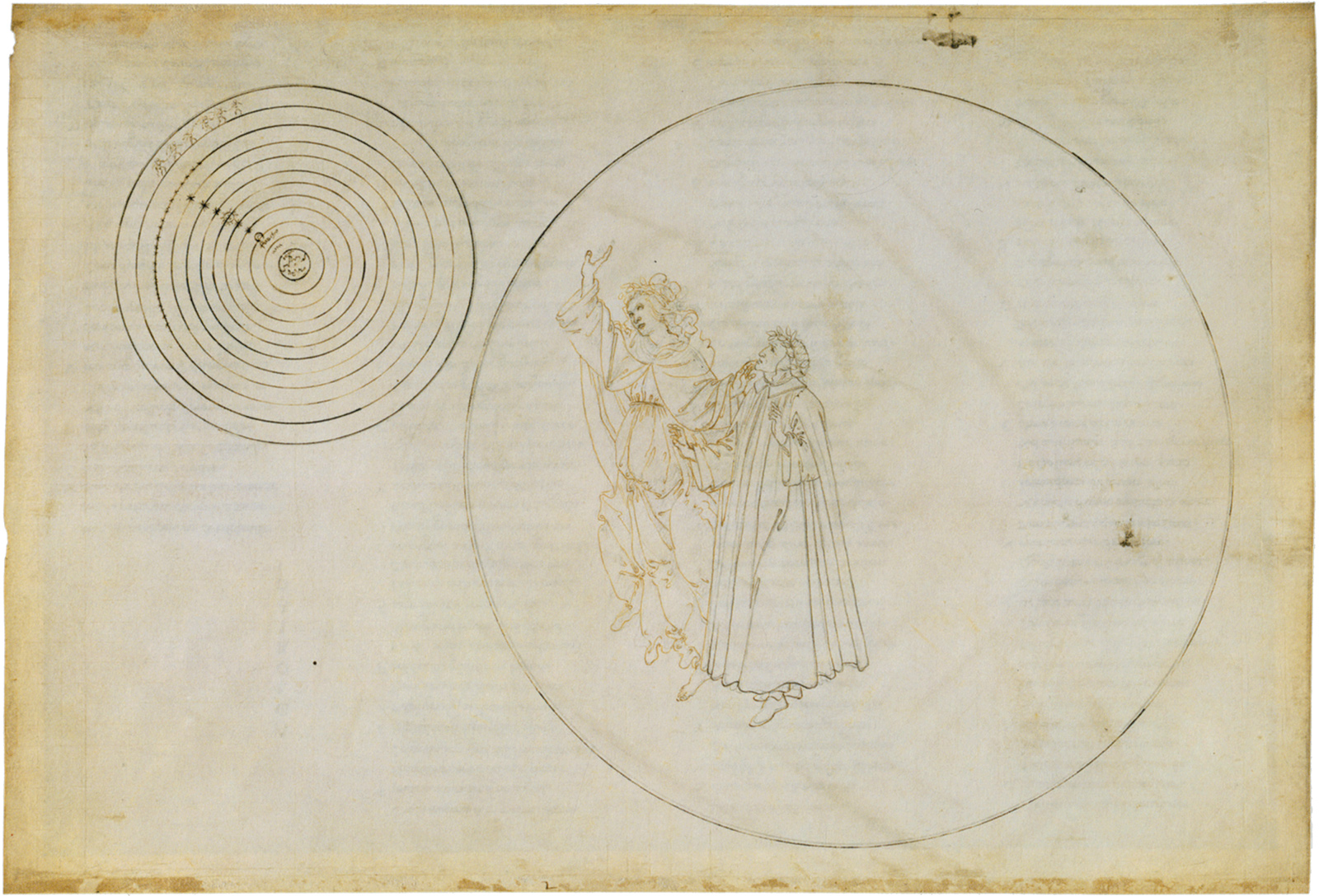 ‘Paradiso II’; Dante and Beatrice in the sphere of the moon, with Beatrice explaining the nature of the heavens; illustration by Sandro Botticelli, circa 1490
