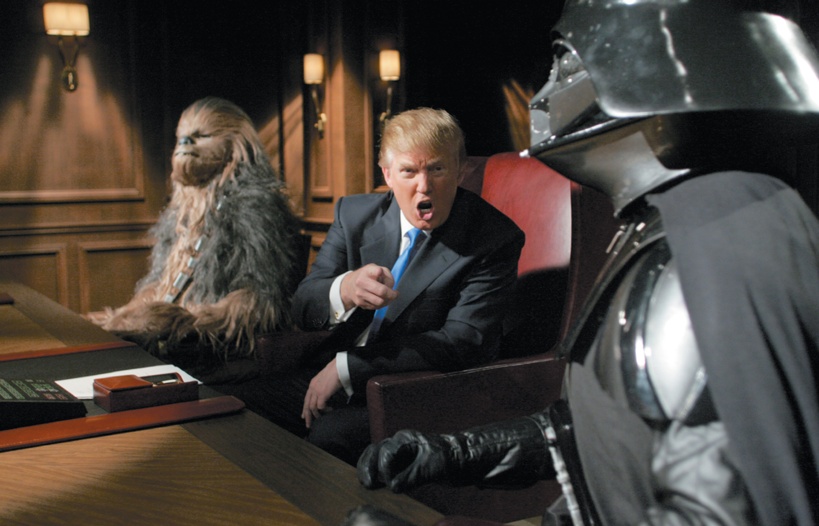 Donald Trump with Chewbacca and Darth Vader in a Star Wars–themed episode of The Apprentice, 2005