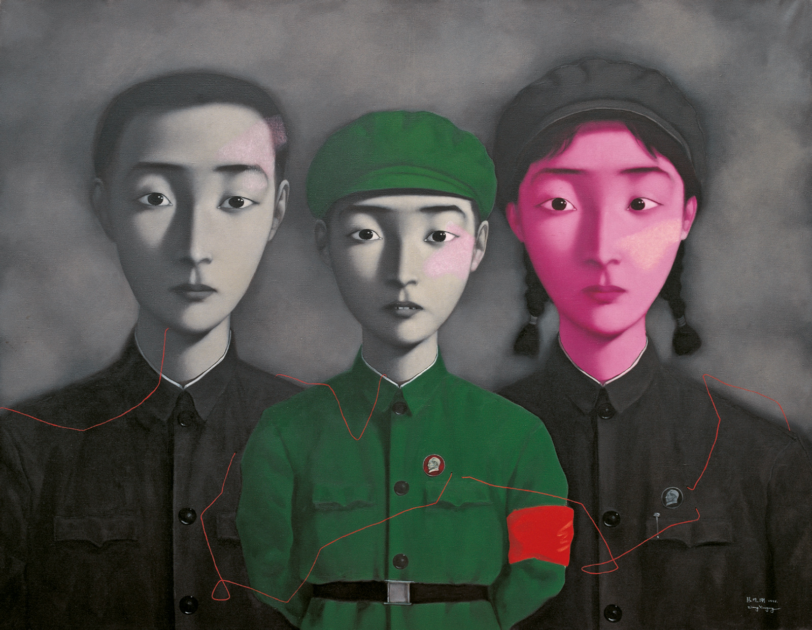 Zhang Xiaogang: Bloodline—Big Family No. 3, 1995; from the book Zhang Xiaogang: Disquieting Memories, by Jonathan Fineberg and Gary G. Xu, published by Phaidon