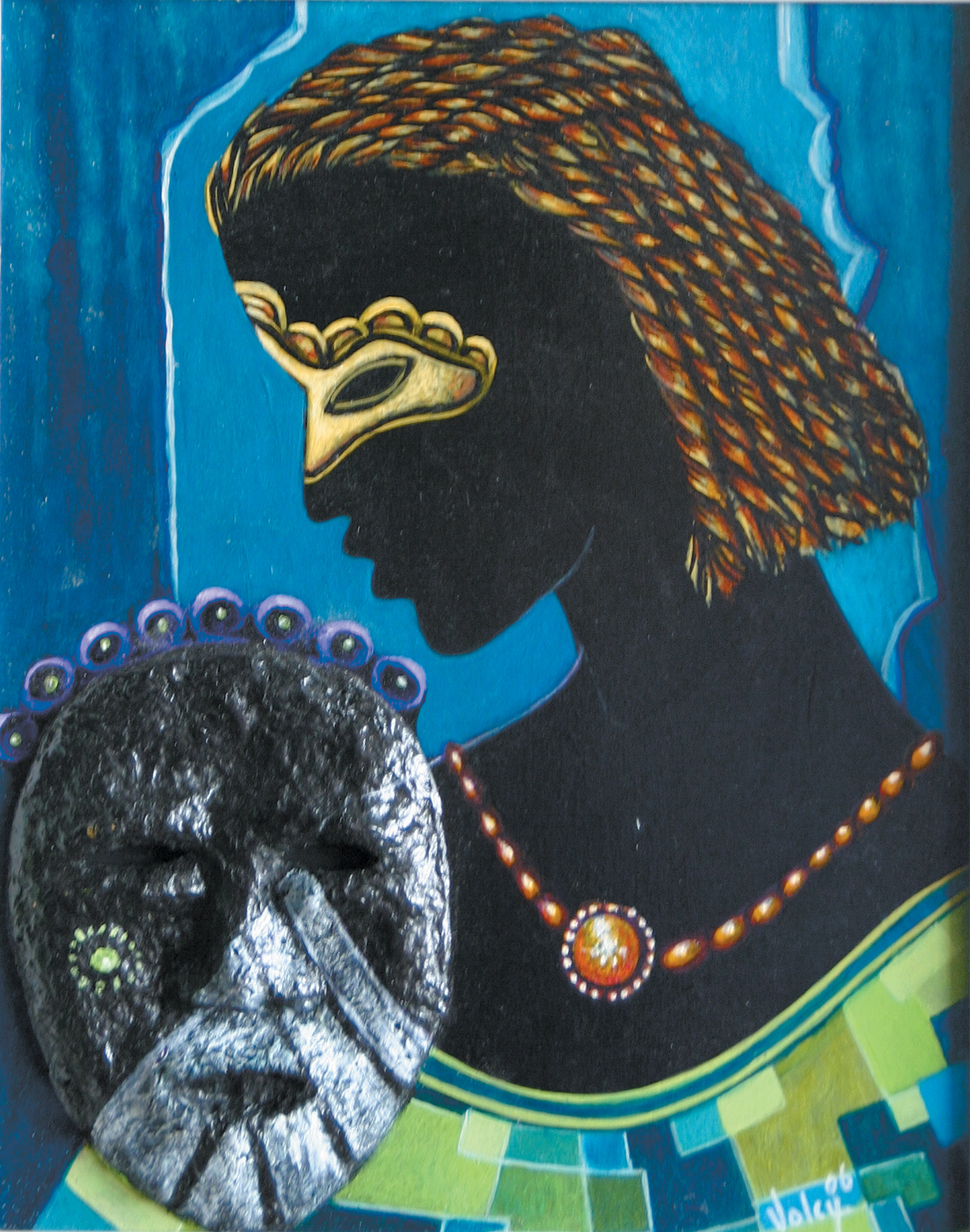 ‘Le masque,’ 2006; painting by Jean Dominique Volcy, a Brooklyn-based Haitian artist, from Save a Museum, a catalog of Haitian artwork donated to raise funds to rebuild the Musée d’Art Haïtien du Collège Saint-Pierre in Port-au-Prince, which was damaged in the 2010 earthquake. It includes an essay by Michel Philippe Lerebours and is published by the Toussaint Louverture Cultural Foundation.