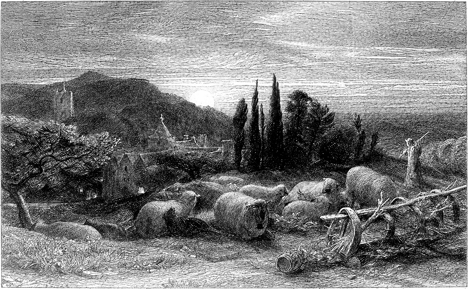 ‘The Rising Moon, or an English Pastoral’; etching by Samuel Palmer, 1855