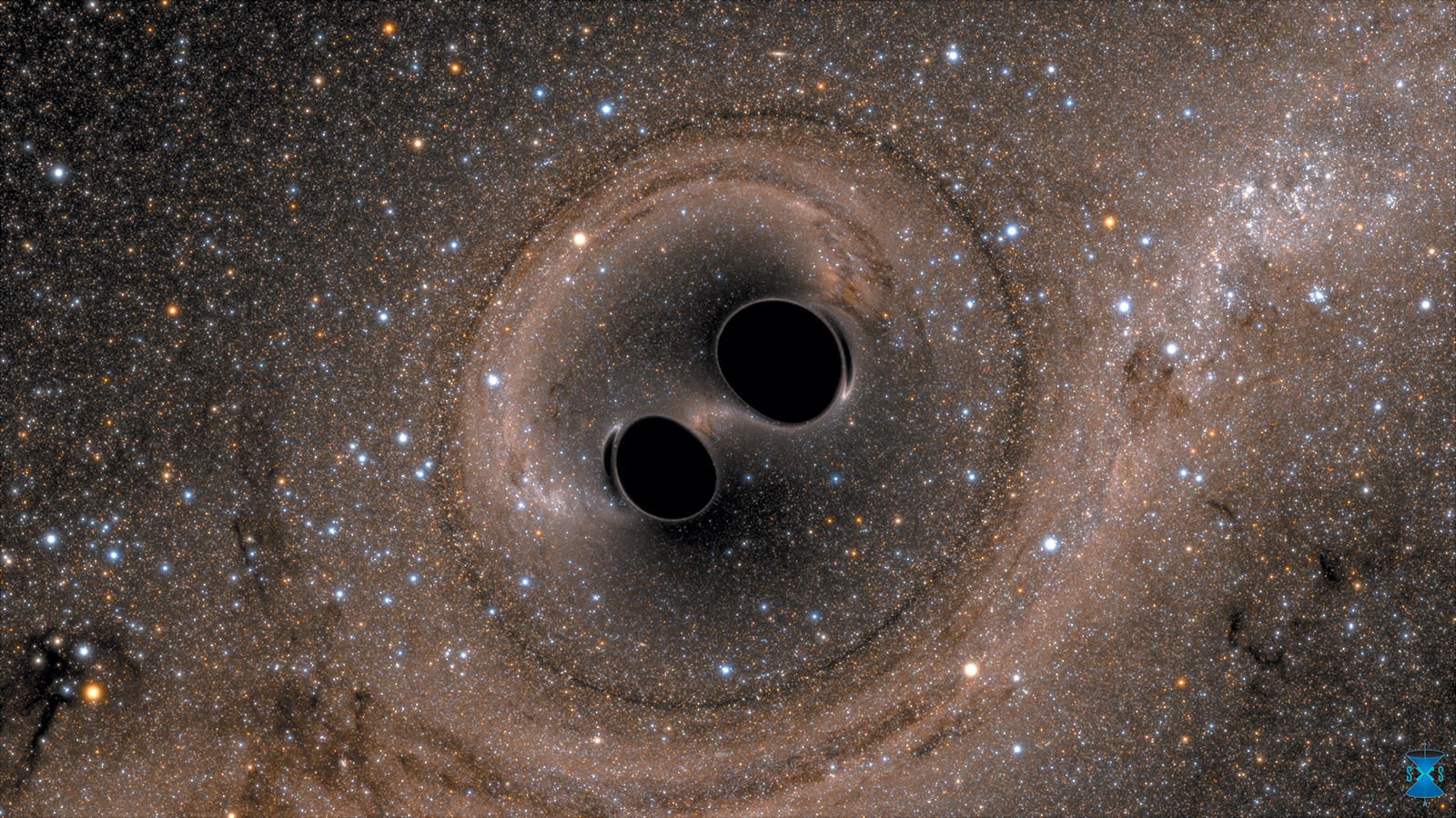 A computer simulation of the collision of two black holes, which merged about 1.3 billion years ago to form a single black hole sixty-two times the mass of the sun. The gravitational waves were detected last September by the Laser Interferometer Gravitational-Wave Observatory (LIGO), which announced the discovery in February 2016.