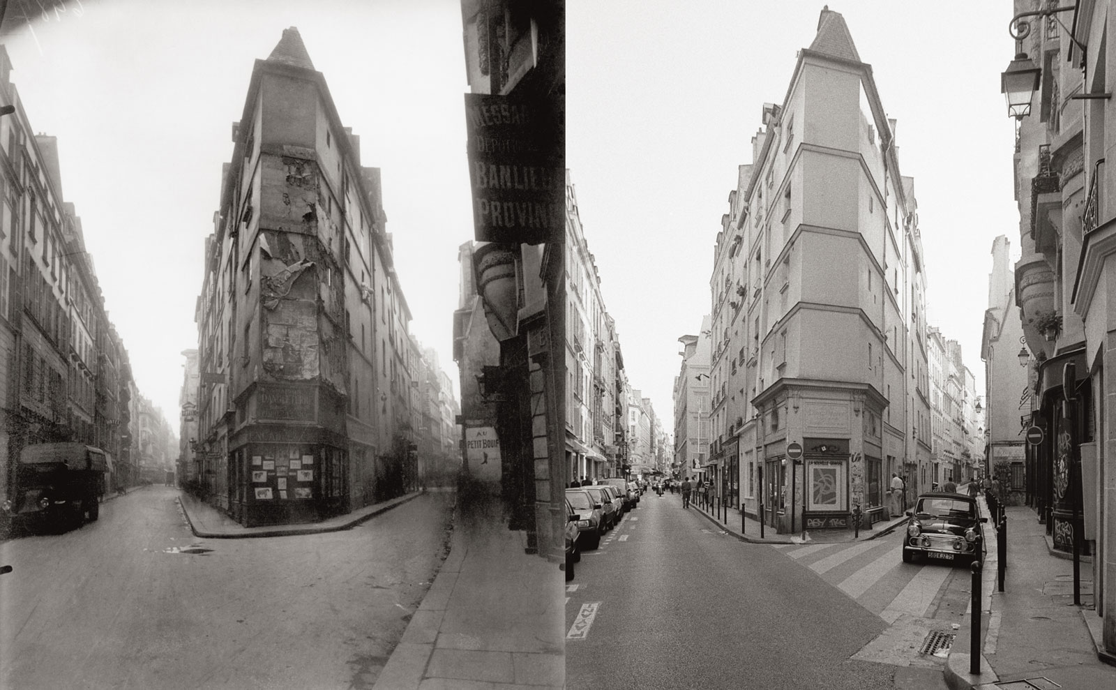 Intersection of rue de Seine and rue de l'Échaudé, circa 1924 by Eugène Atget (left), 1997 by Christopher Rauschenberg (right), from the new paperback edition of Christopher Rauschenberg's <em>Paris Changing: Revisiting Eugène Atget’s Paris</em>, 2016