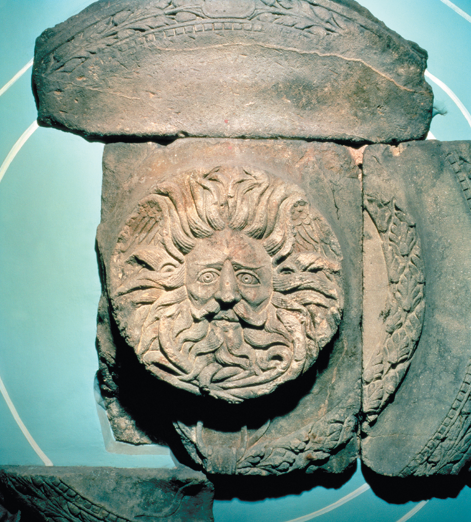 A relief from a pediment to a temple in Bath, England, thought to show a gorgon’s head, late first century CE