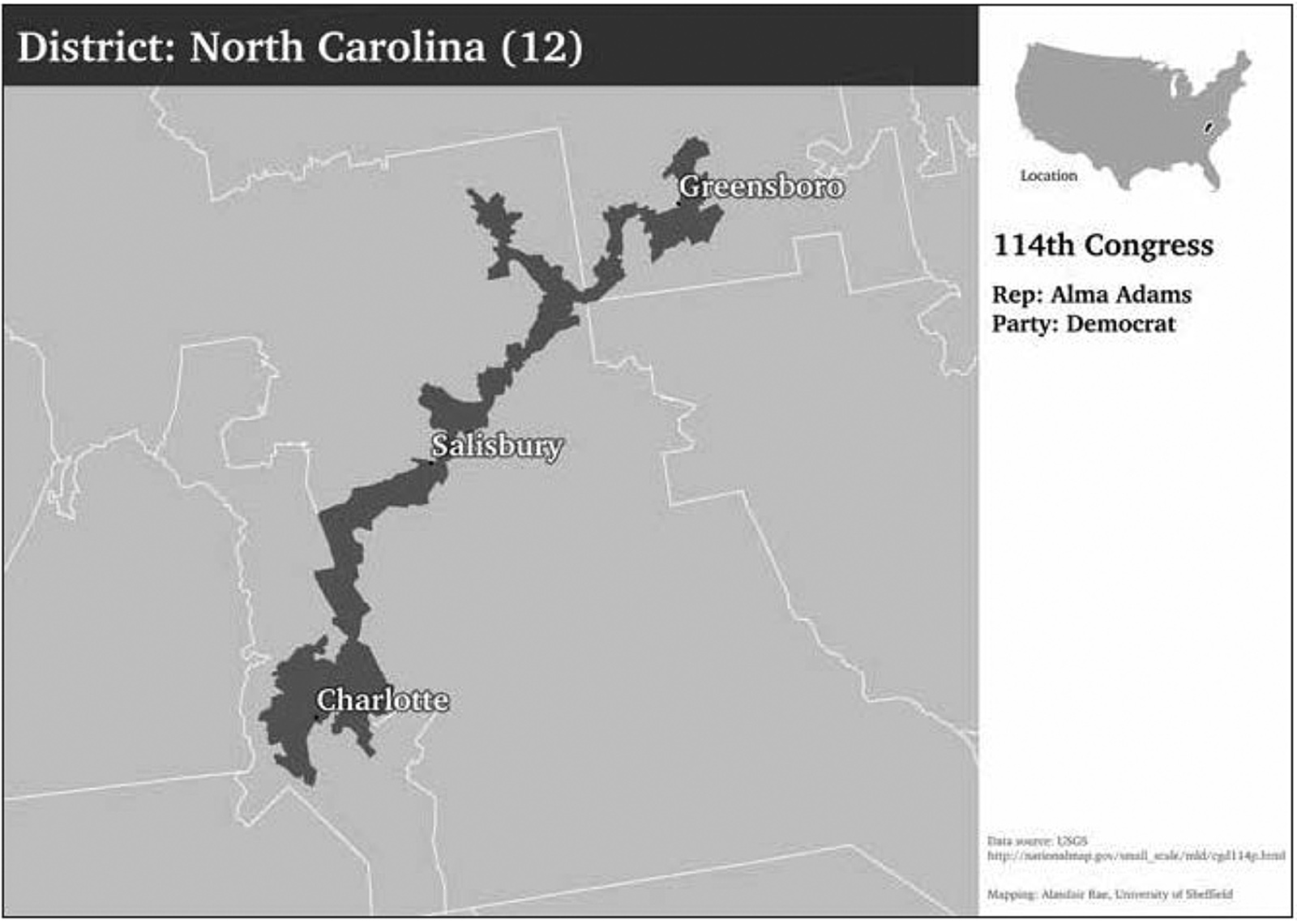 North Carolina’s gerrymandered 12th congressional district, which, ‘it has been said, “respects no county lines, no city limits, no test of common sense”’; from David Daley’s Ratf**ked
