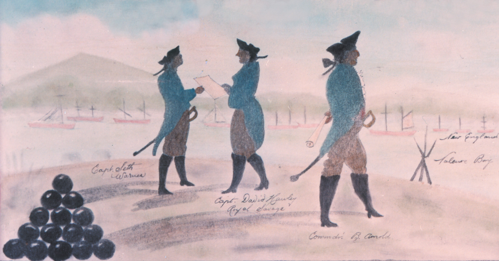 Benedict Arnold (right) and other American officers at the Battle of Valcour Island, Lake Champlain, October 1776; detail of a drawing by Charles Randle, from Nathaniel Philbrick’s Valiant Ambition 