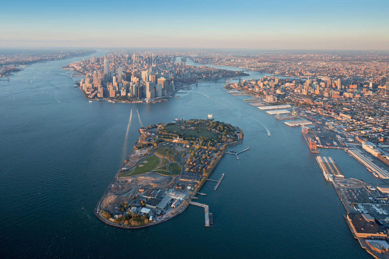 Aerial view of Governors Island with the Hills under construction at bottom left, 2015