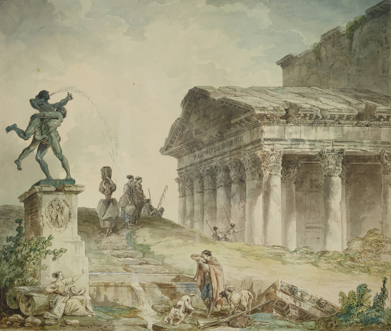 Hubert Robert: Capriccio with the Portico of the Pantheon and a Statue of Hercules and Antaeus, 22 11/16 x 26 7/16 inches, 1774