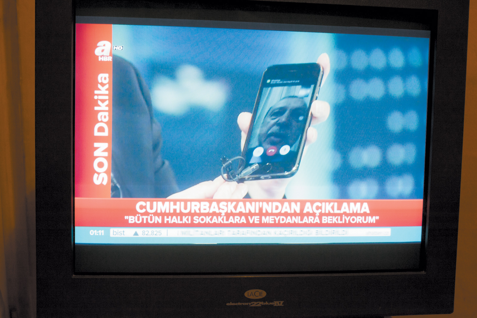 President Erdoğan ‘calling everyone to the streets and city squares’ in a televised appeal to the Turkish public via a smartphone during the attempted coup, July 2016