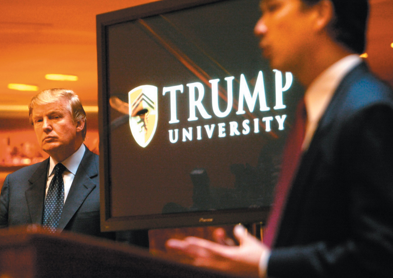 Donald Trump with Michael Sexton, the president of Trump University, at the announcement of its founding, New York City, May 2005
