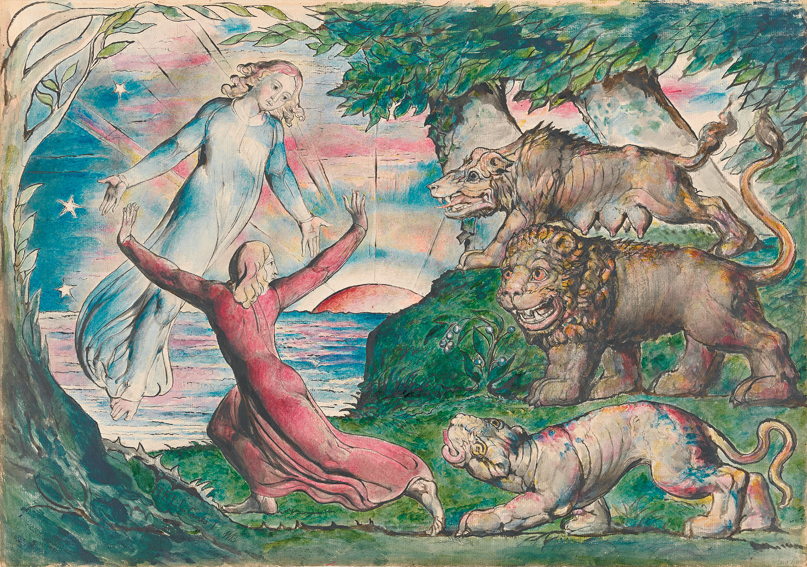 William Blake: Dante Running from the Three Beasts, 1824–1827
