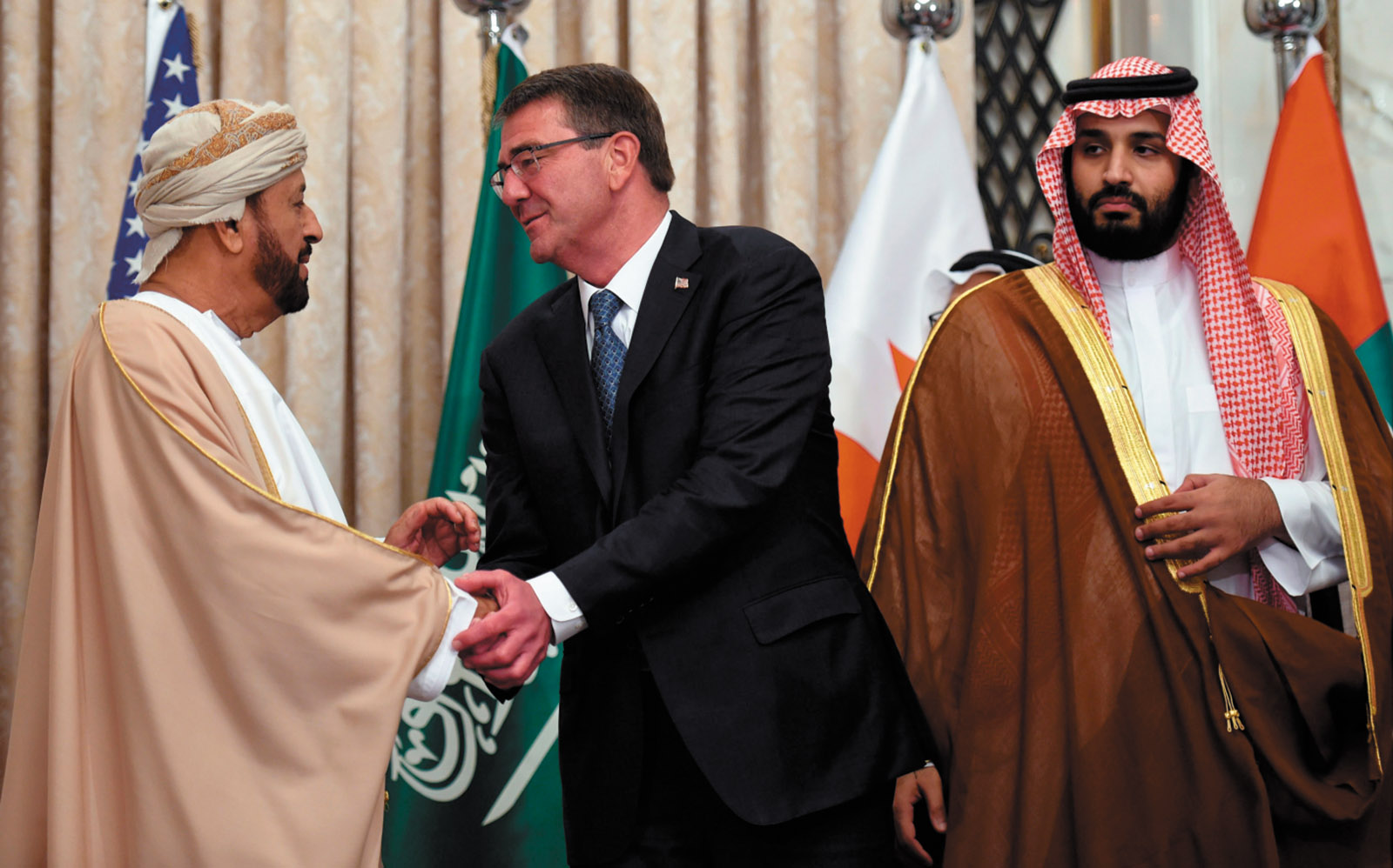 Saudi Defense Minister and Deputy Crown Prince Mohammed bin Salman, right, with Omani Defense Minister Badr bin Saud al-Busaidi and US Secretary of Defense Ashton Carter at the US–Gulf Cooperation Council summit in Riyadh, April 2016