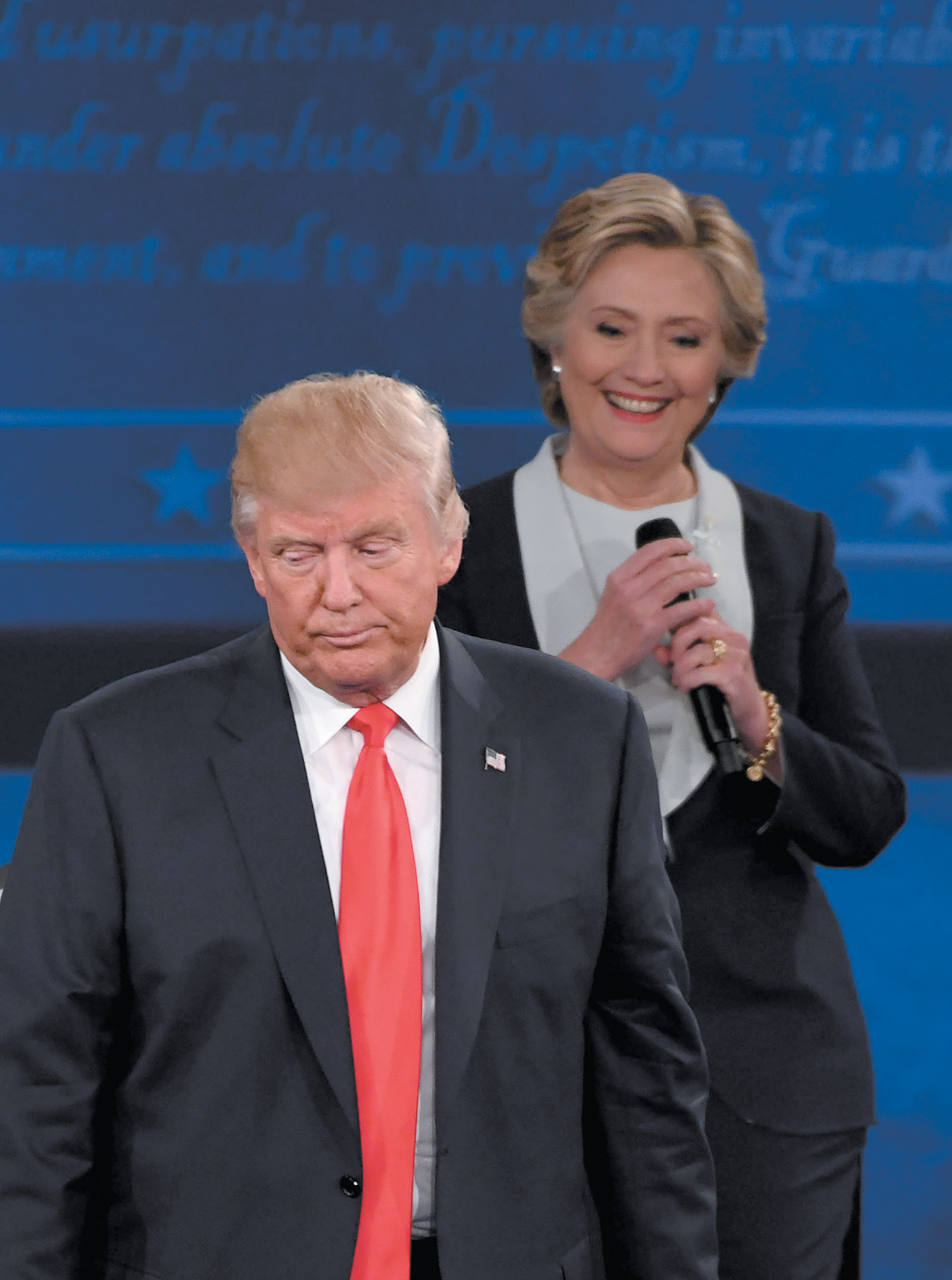 Donald Trump and Hillary Clinton at the second presidential debate, Washington University, St. Louis, Missouri, October 9, 2016